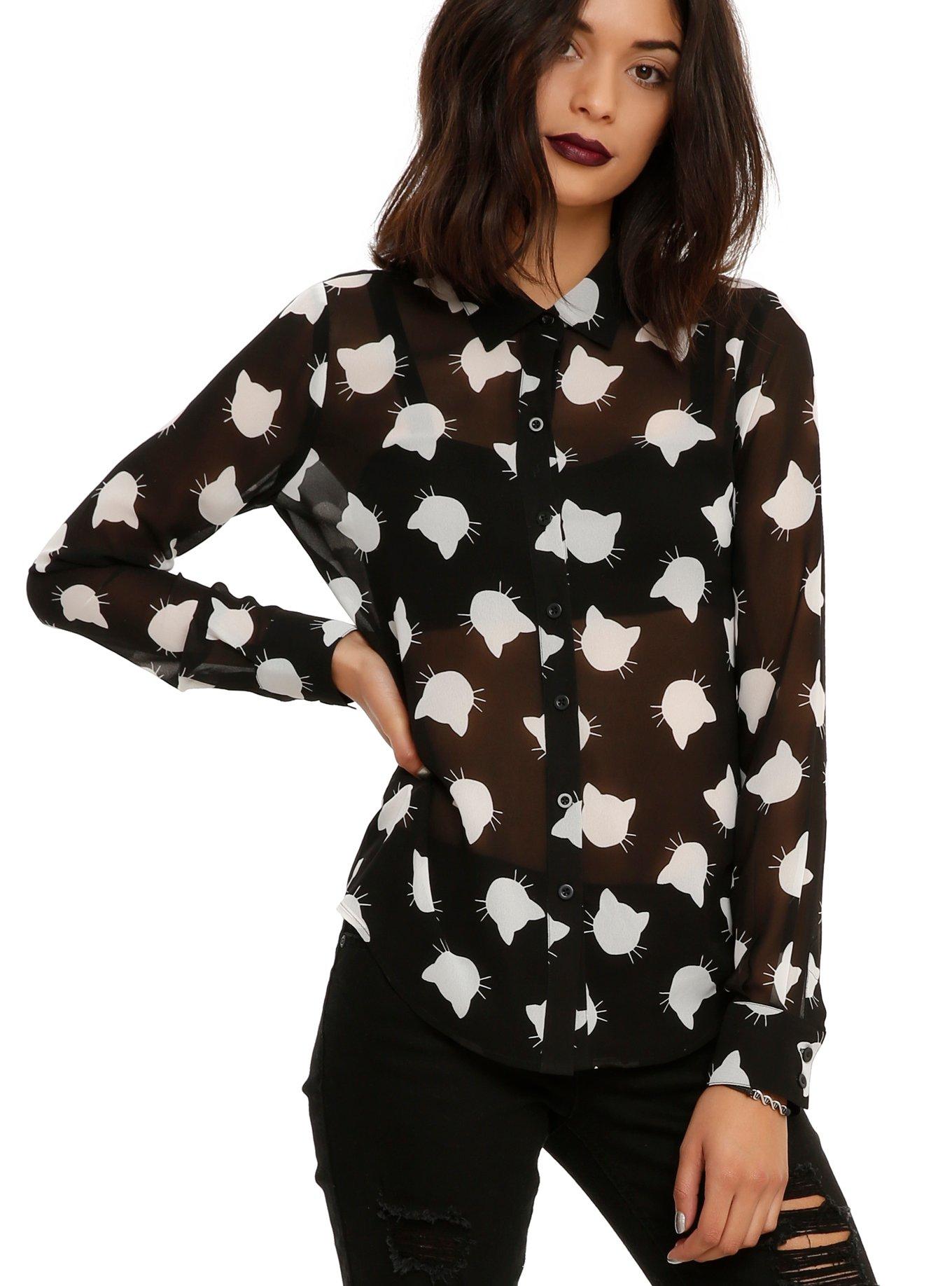 Chiffon Cat Print Top, BLACK, hi-res