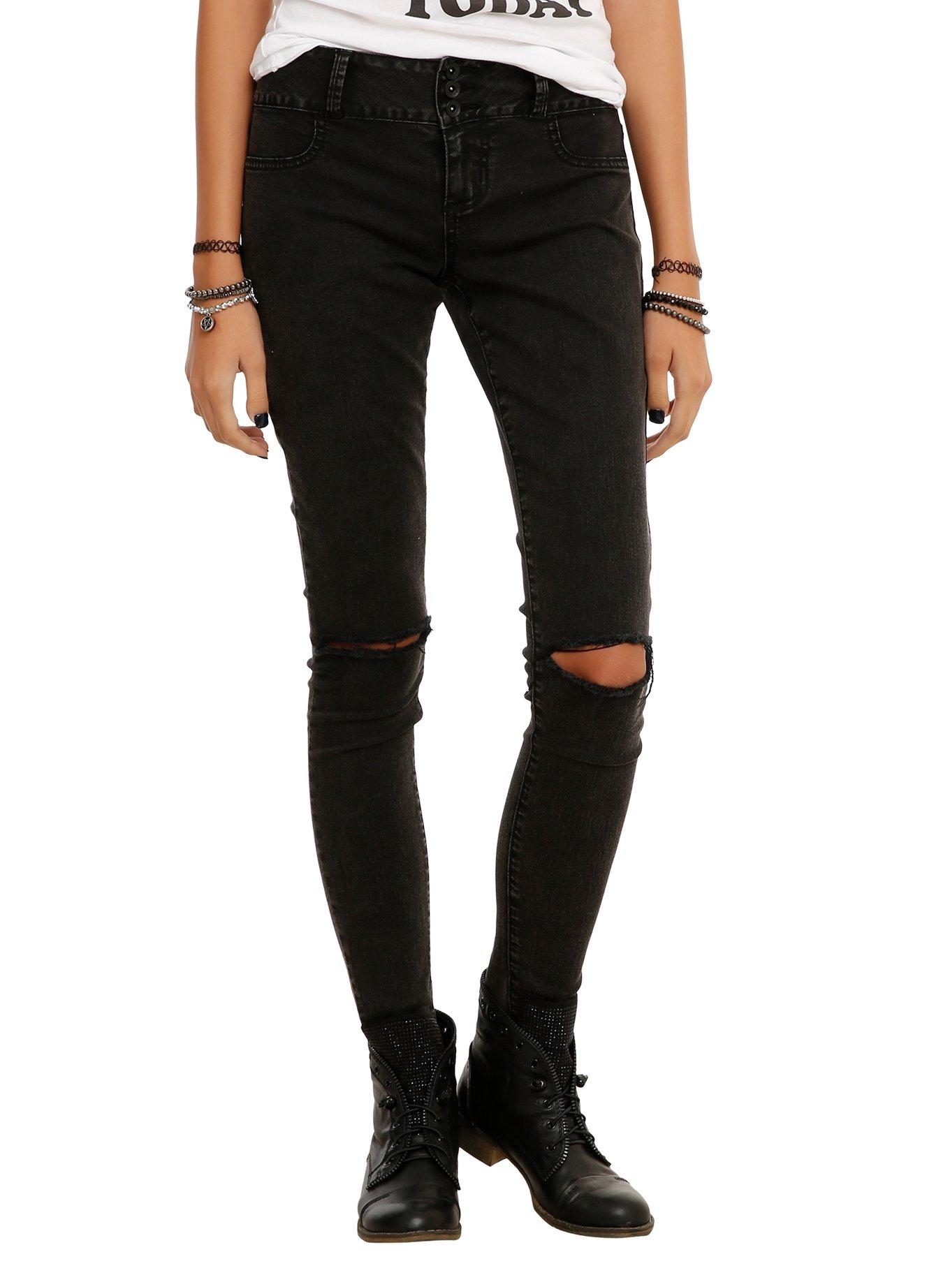 LOVEsick Faded Smoke Slit Knee 3-Button Super Skinny Jeggings, BLACK, hi-res