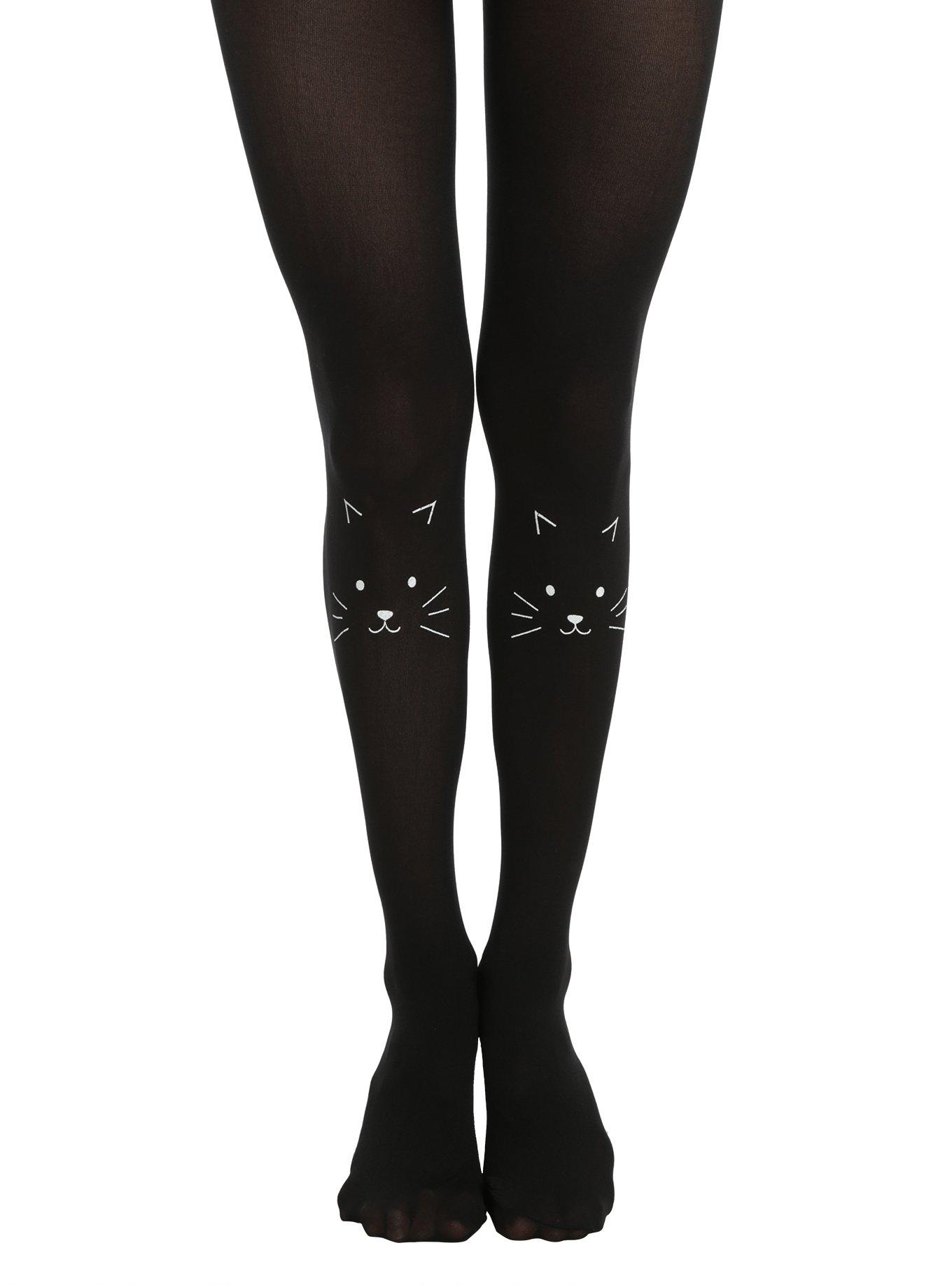 Black Cat Face Tights, BLACK, hi-res