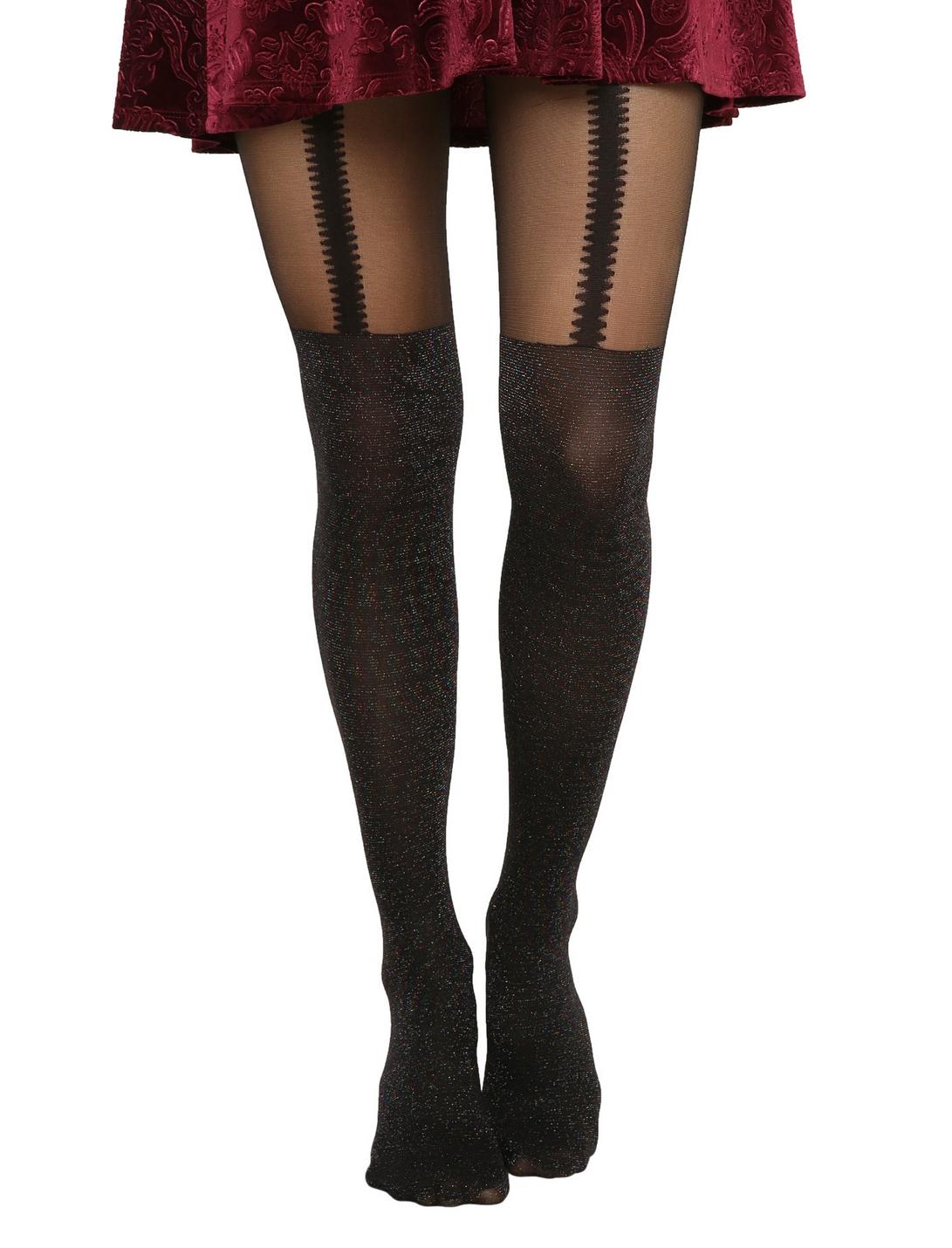 Glitter Scalloped Faux Thigh High Tights, , hi-res