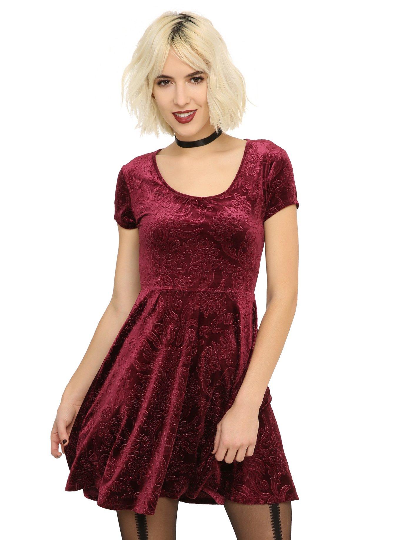 Burgundy Flocked Filigree Skull Dress Hot Topic