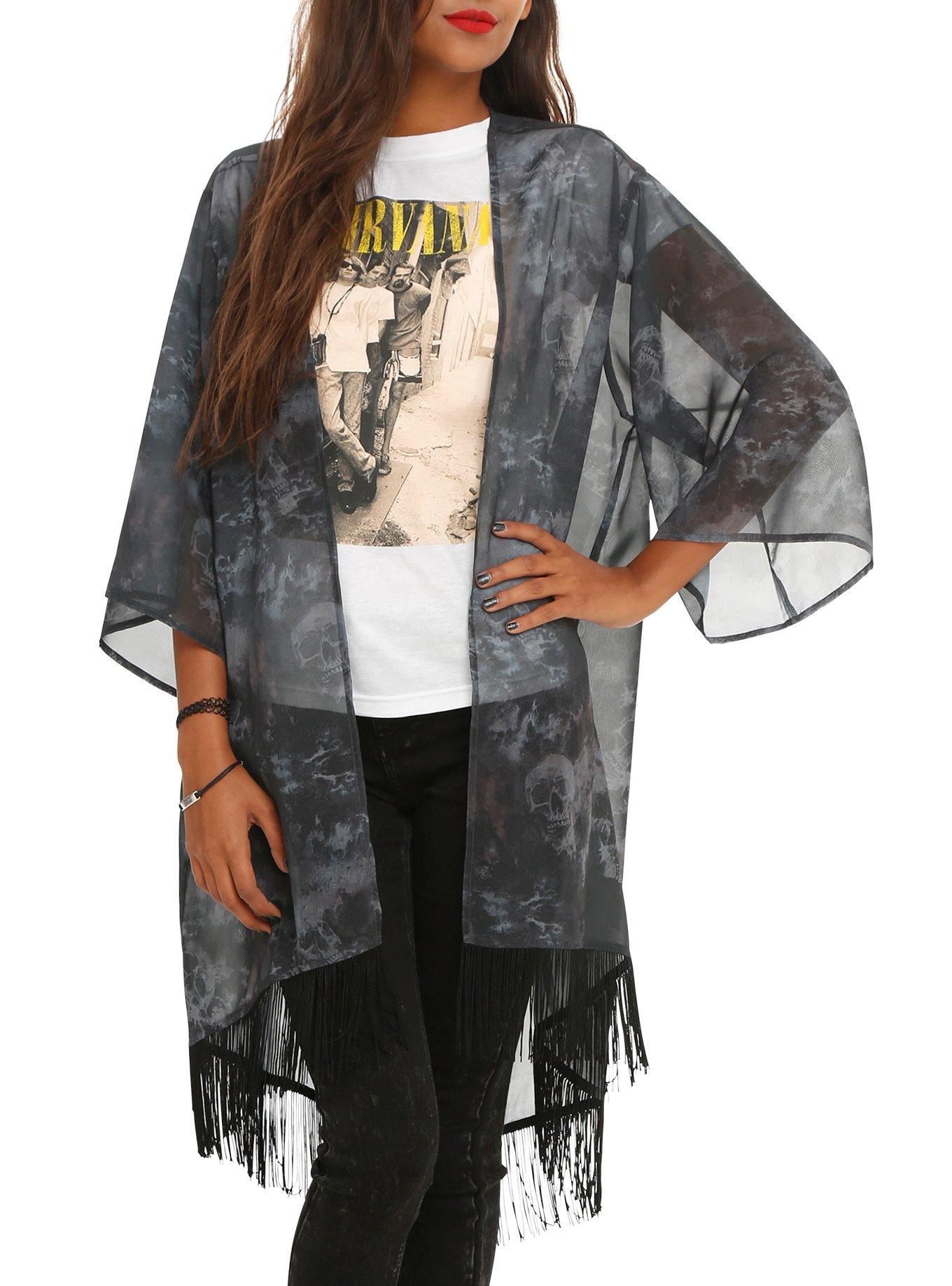 Skull Print Kimono Top, DARK GRAY, hi-res