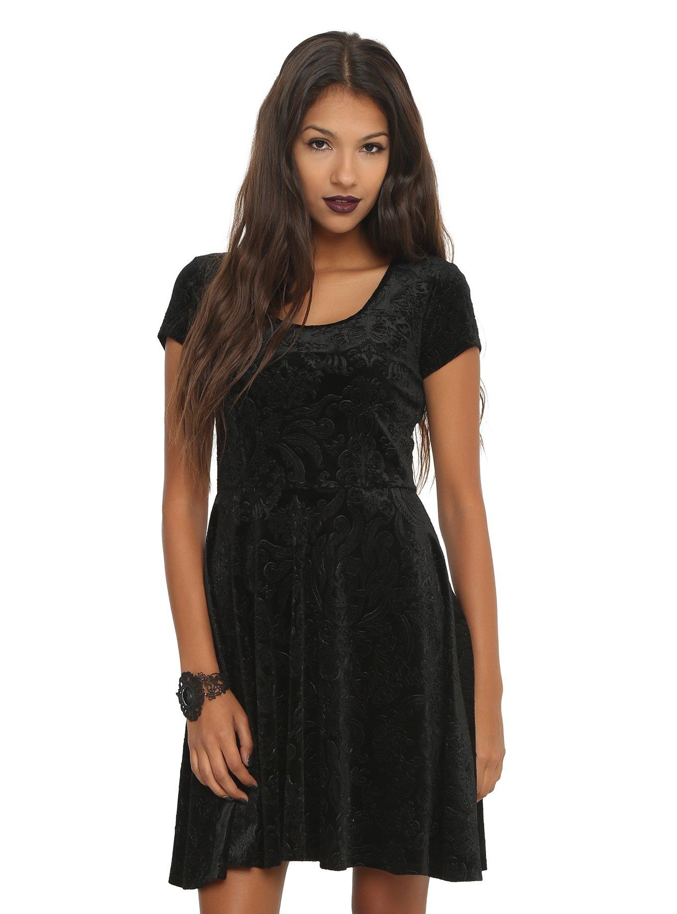 Black Flocked Filigree Skull Dress, BLACK, hi-res