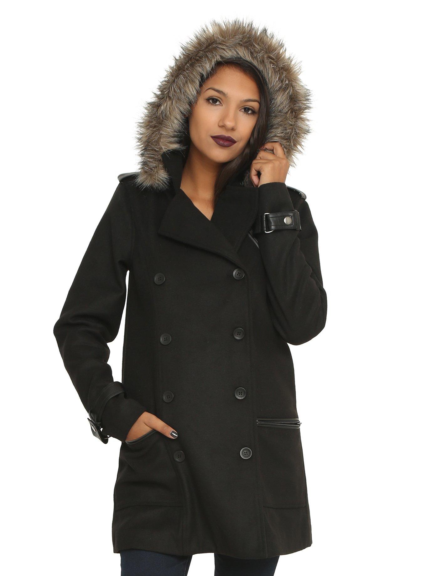 Black Girls Hooded Peacoat, BLACK, hi-res