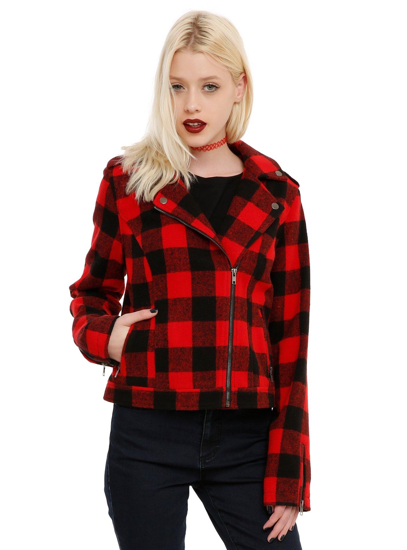 Red & Black Plaid Moto Jacket, BLACK, hi-res