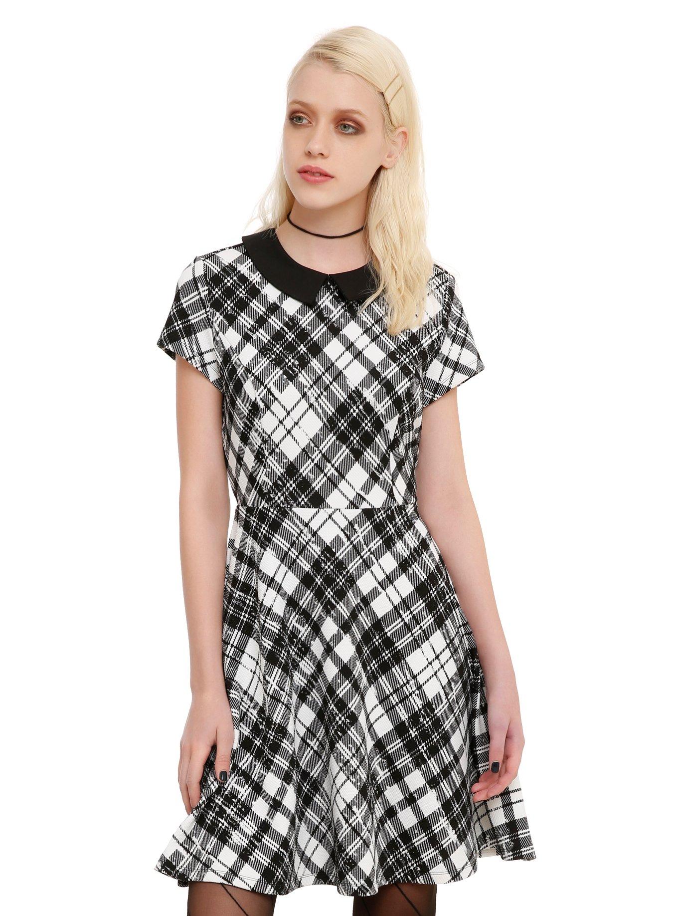 Black & White Plaid Collar Dress, BLACK, hi-res