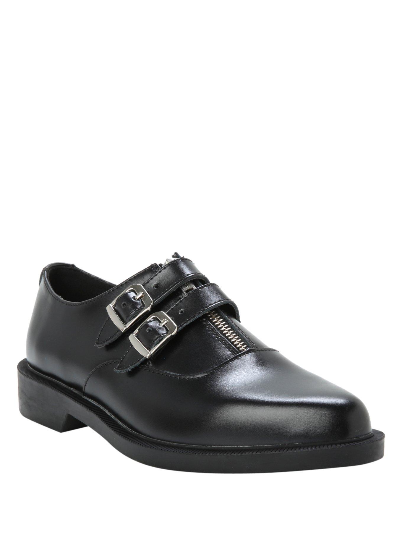 T.U.K. Black Zippered Two Buckle Jam Shoe, BLACK, hi-res