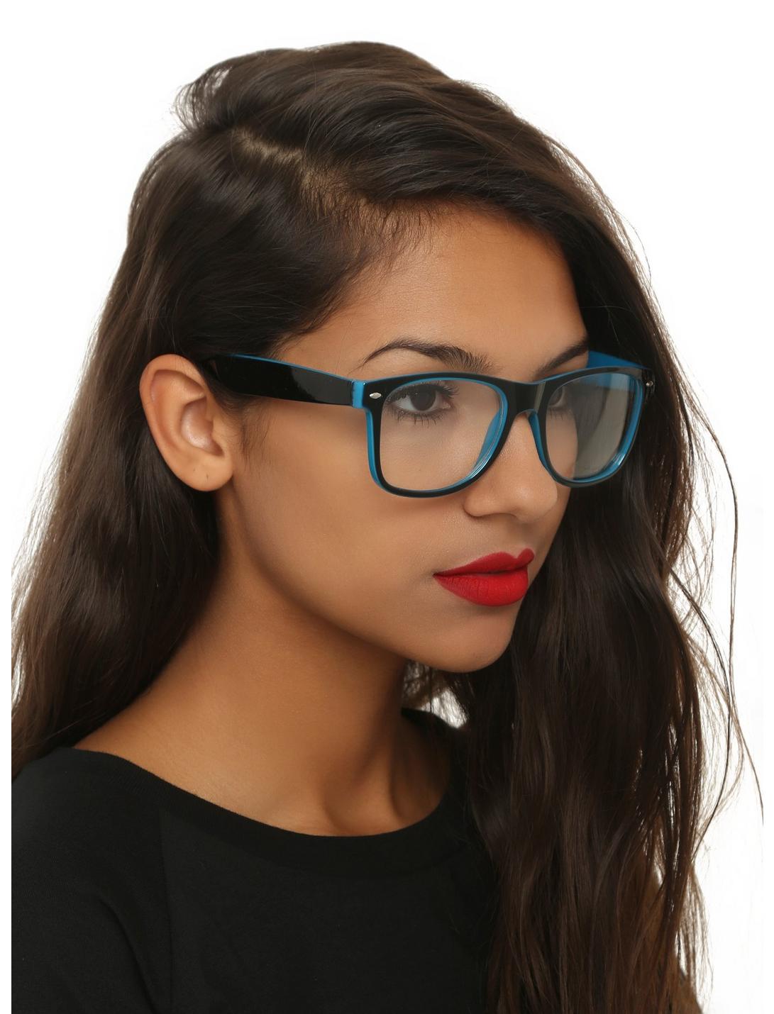 Black & Turquoise Retro Clear Lens Glasses, , hi-res