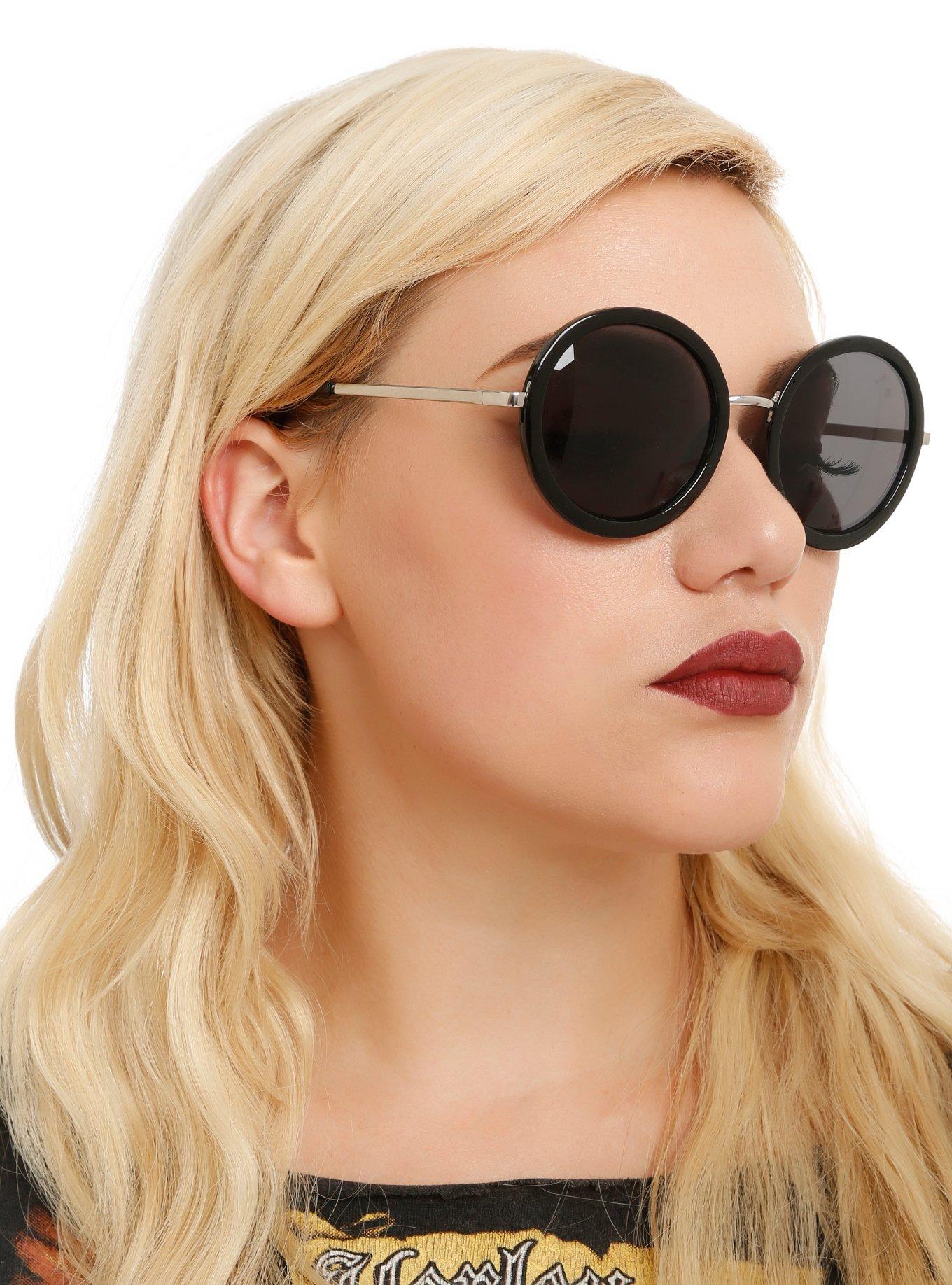 Black Round With Silver Arm Sunglasses, , hi-res