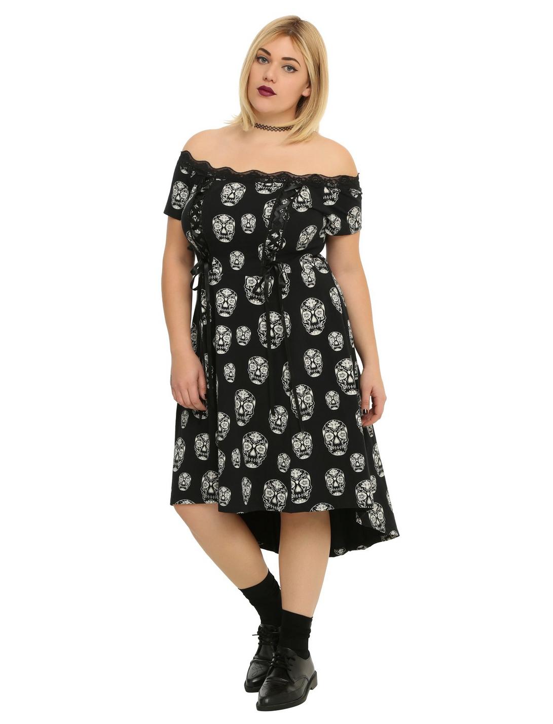 Tripp Black & White Sugar Skull Hi-Low Dress Plus Size, BLACK, hi-res