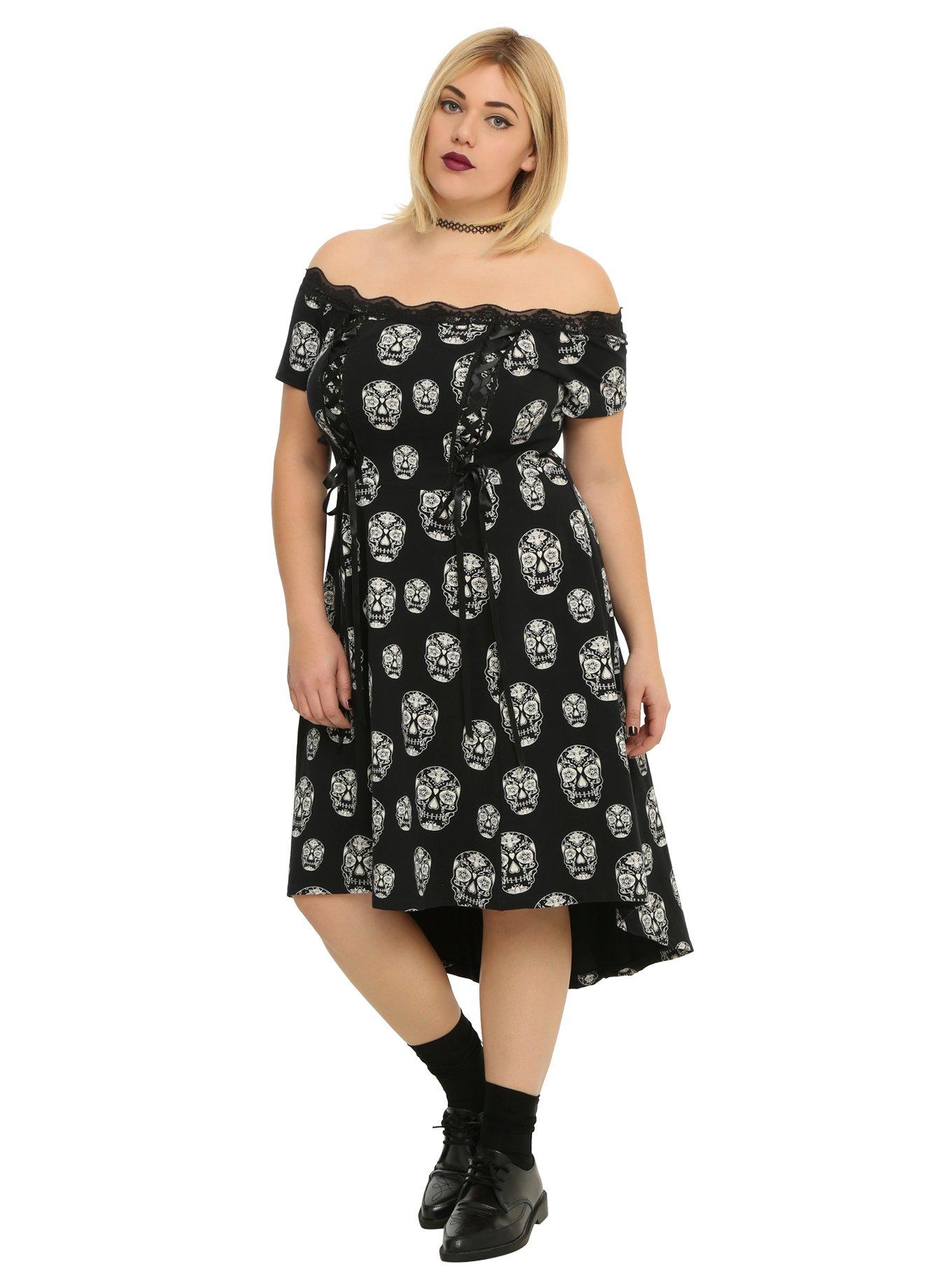 Tripp Black & White Sugar Skull Hi-Low Dress Plus Size, BLACK, hi-res