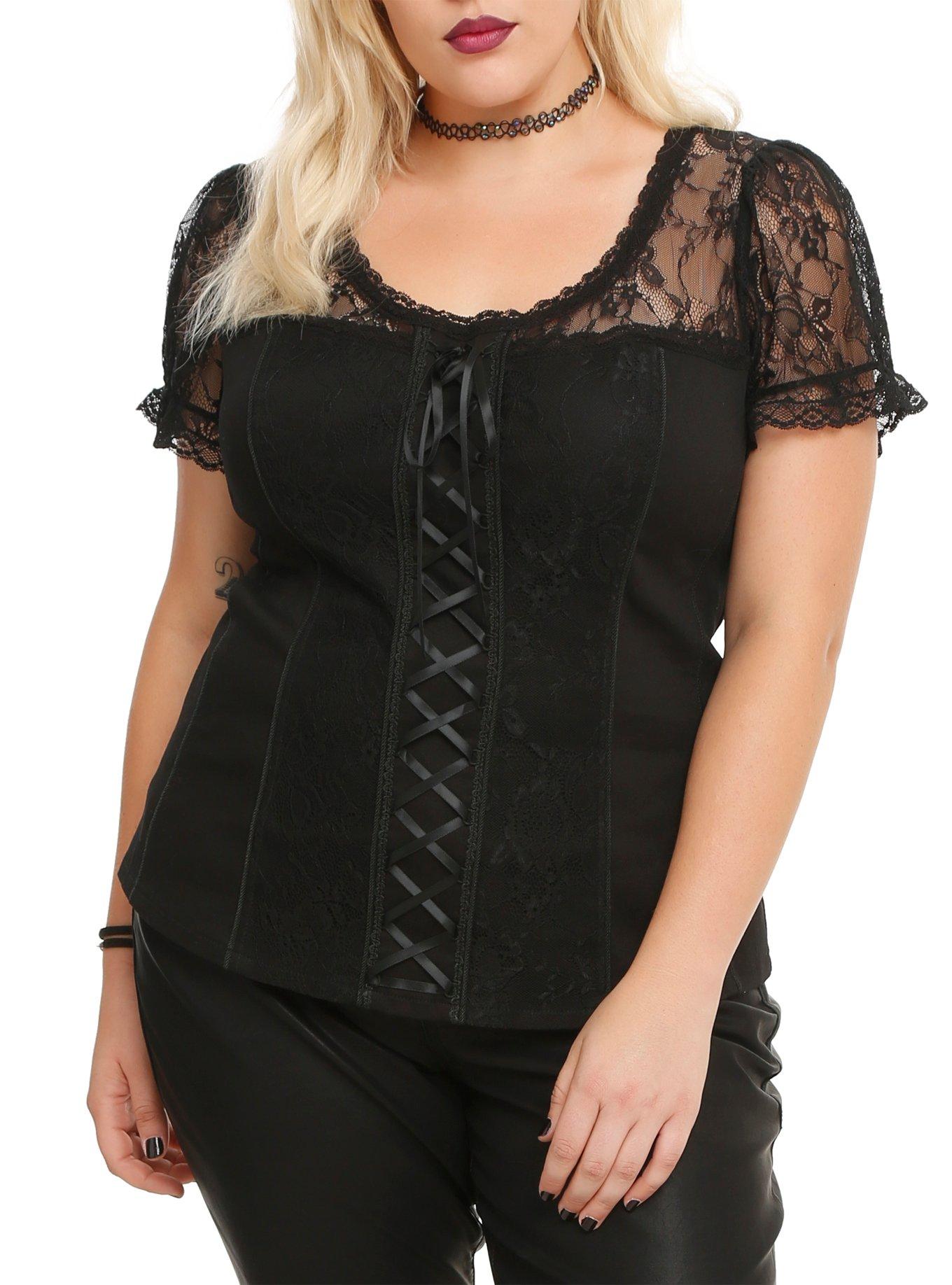 Tripp Black Lace Corset Top Plus Size, BLACK, hi-res