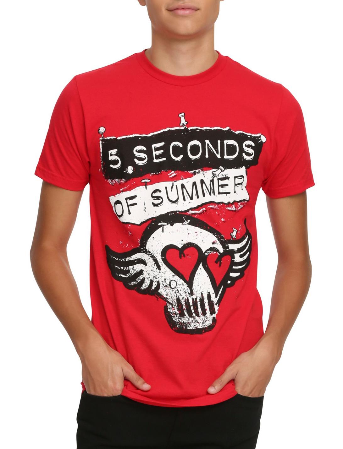 5 Seconds Of Summer Winged Heart Skull T-Shirt, RED, hi-res