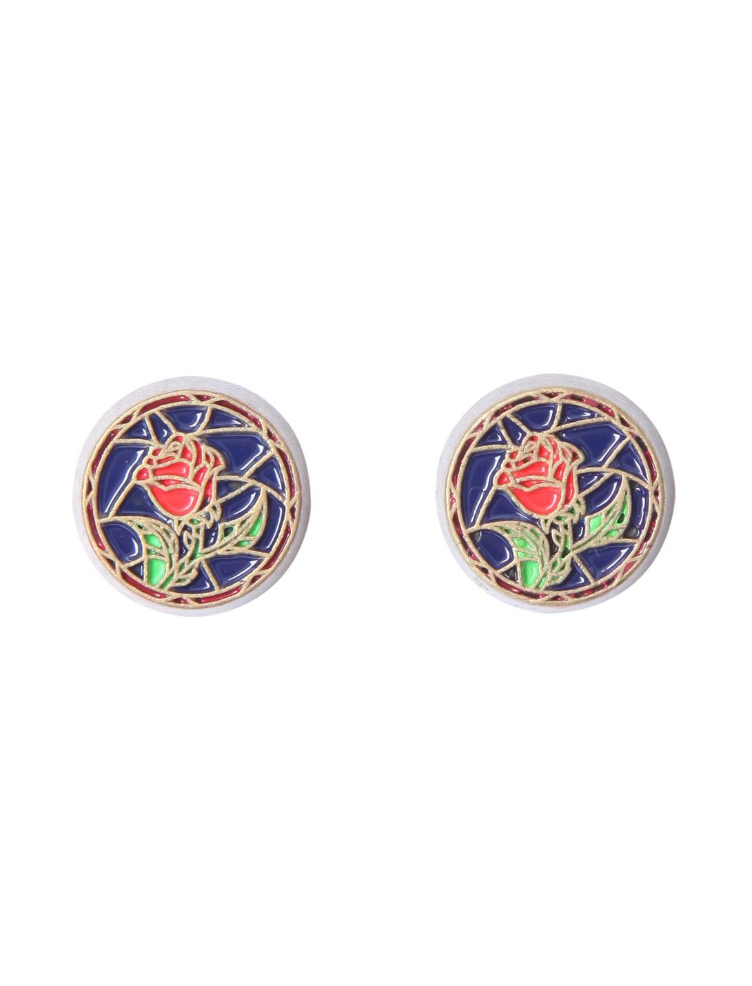 Disney Beauty And The Beast Stained Glass Rose Stud Earrings, , hi-res