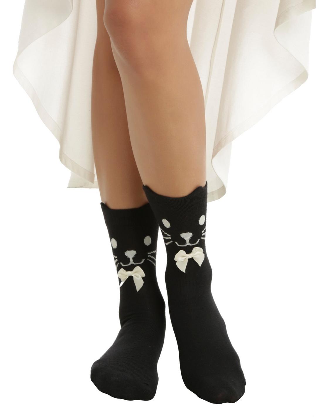 Black Cat Cream Bow Ankle Socks, , hi-res