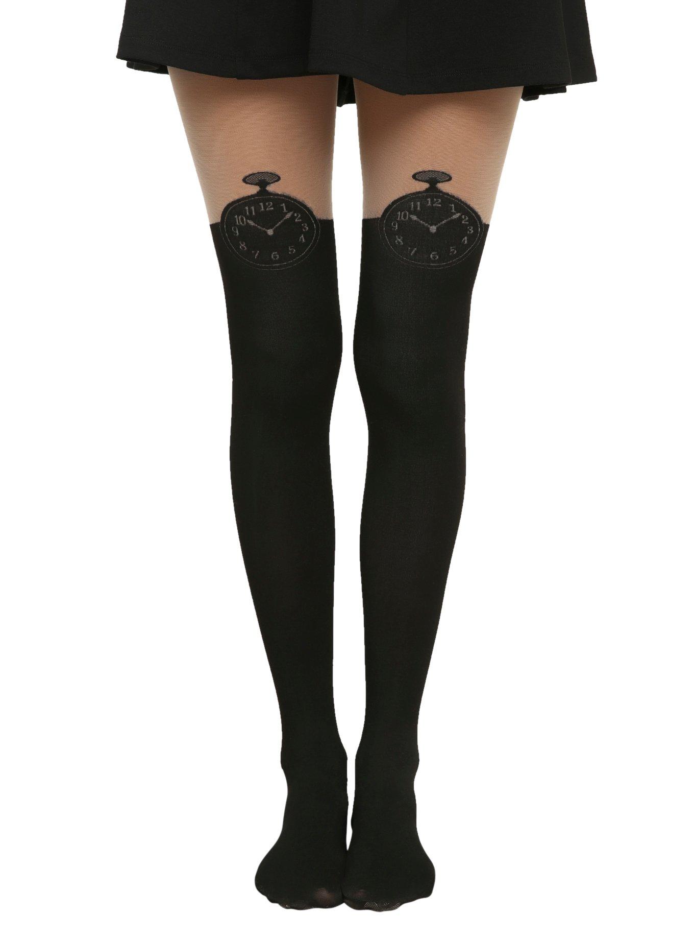 LOVEsick Clock Back Lace-Up Faux Thigh High Tights, BLACK, hi-res