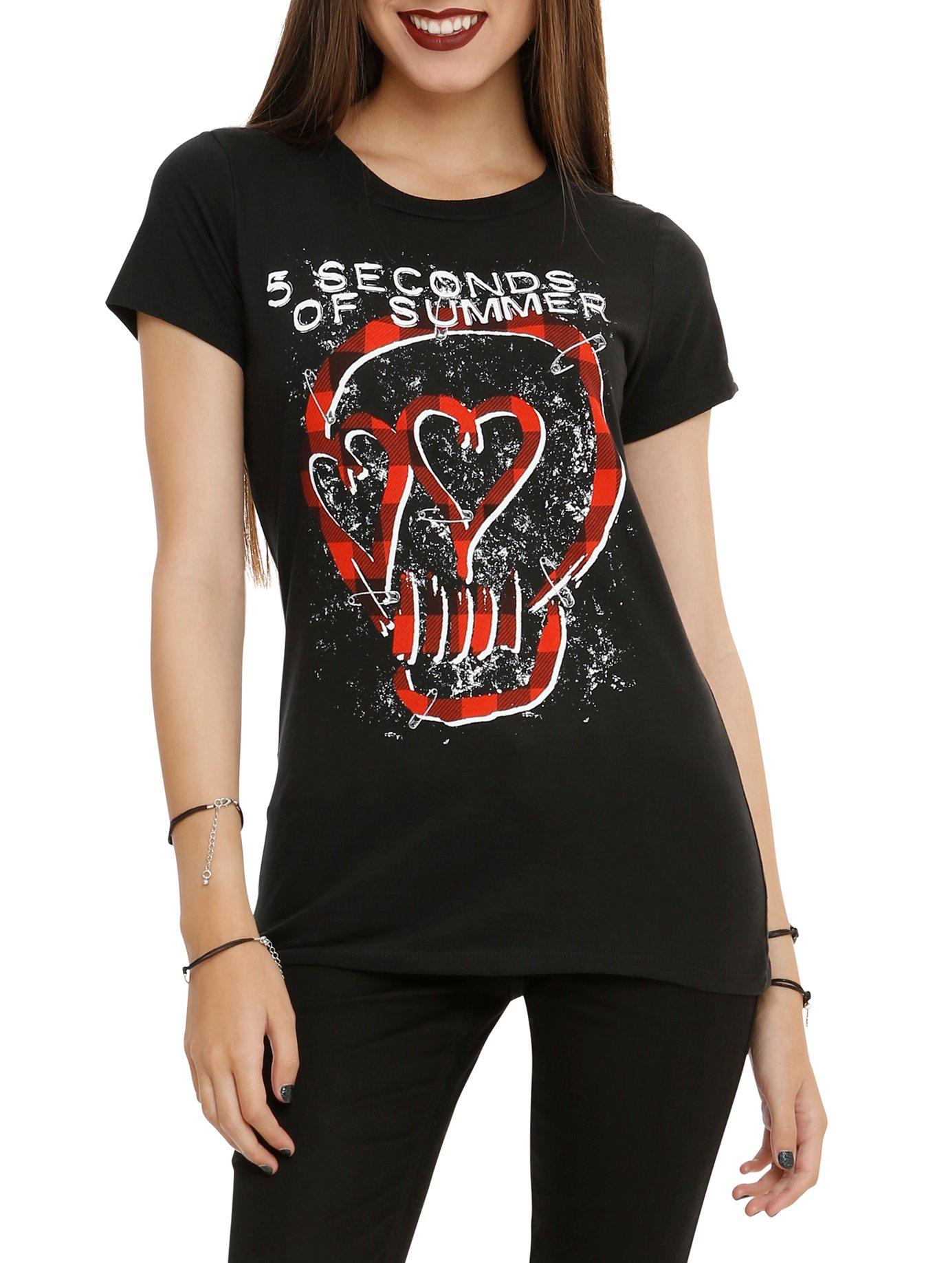 5 Seconds Of Summer Plaid Skull Girls T-Shirt, BLACK, hi-res