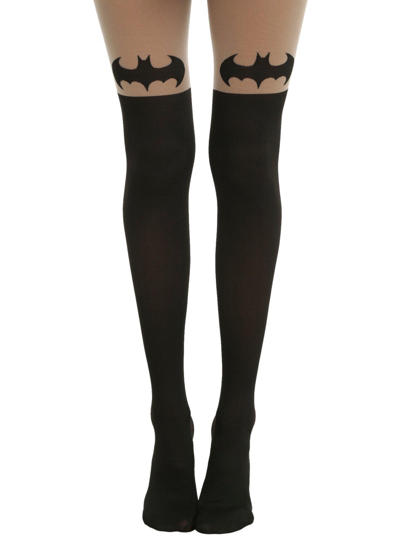 DC Comics Batman Logo Faux Thigh High Tights, BLACK, hi-res