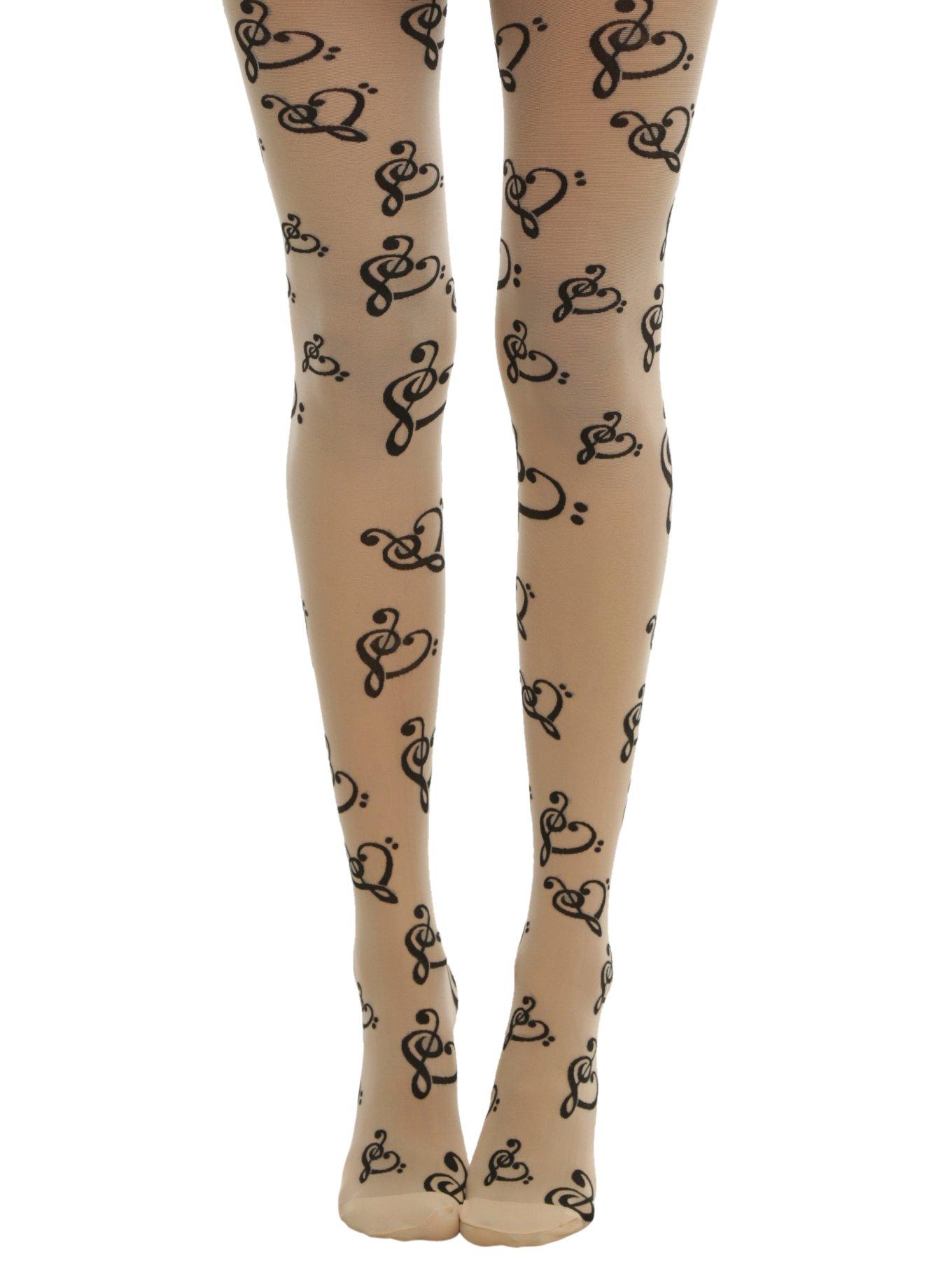 Music Clef Heart Print Tights, BLACK, hi-res