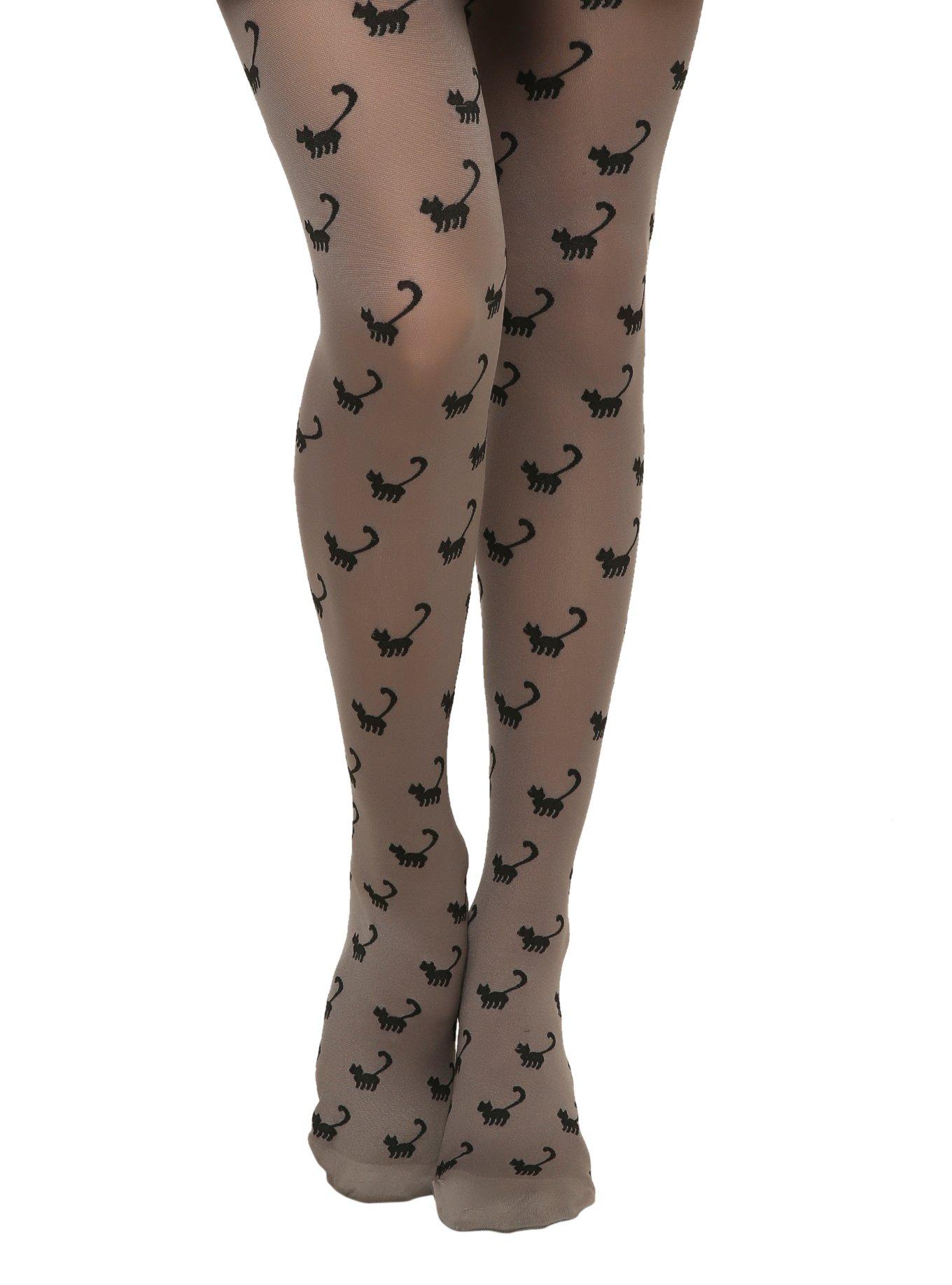 LOVEsick Grey Black Cats Tights, BLACK, hi-res