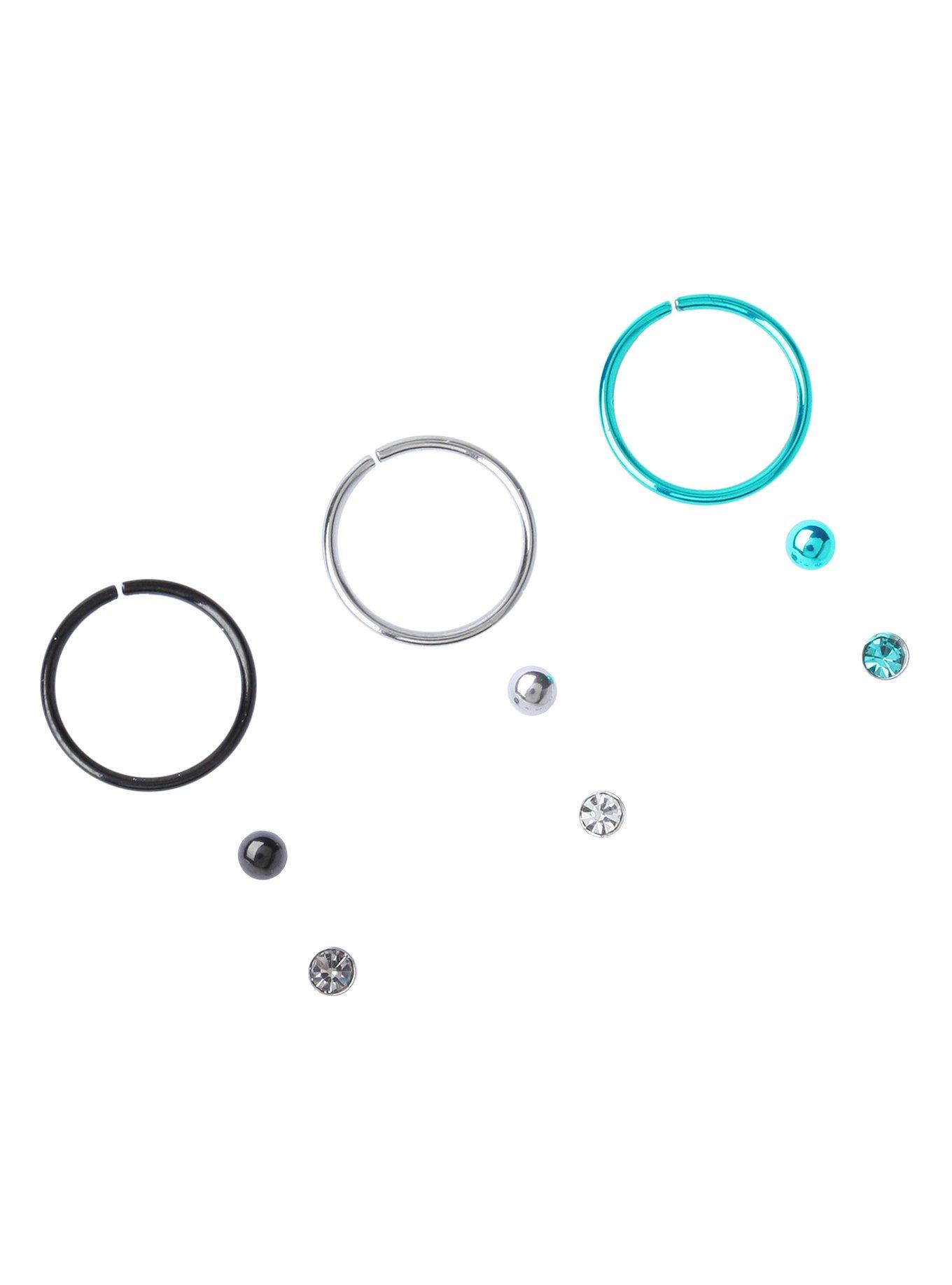 Steel Teal And Black Nose Hoop And Stud 9 Pack, BLACK, hi-res