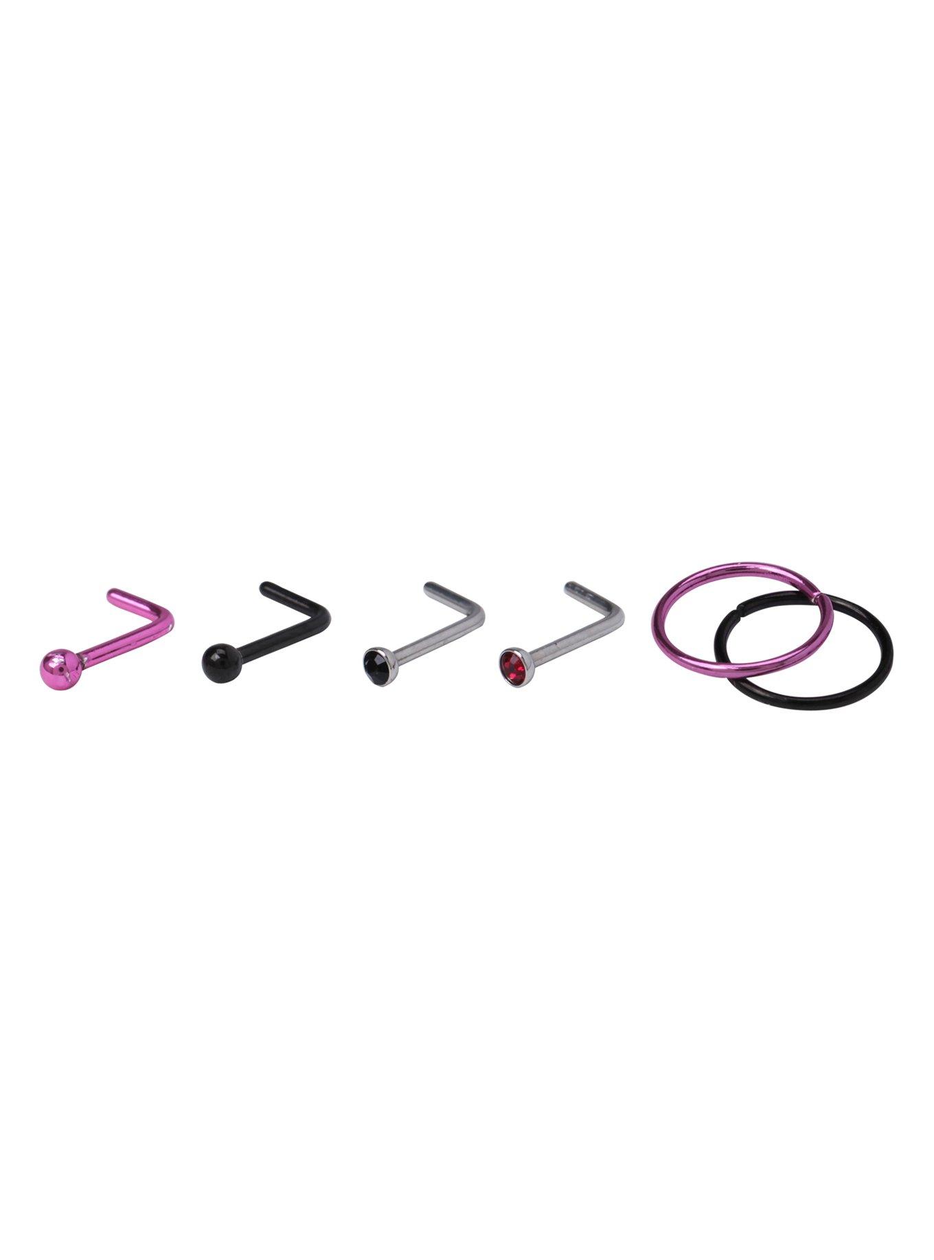 Steel Pink & Black Hoop & Nose Stud 6 Pack | Hot Topic