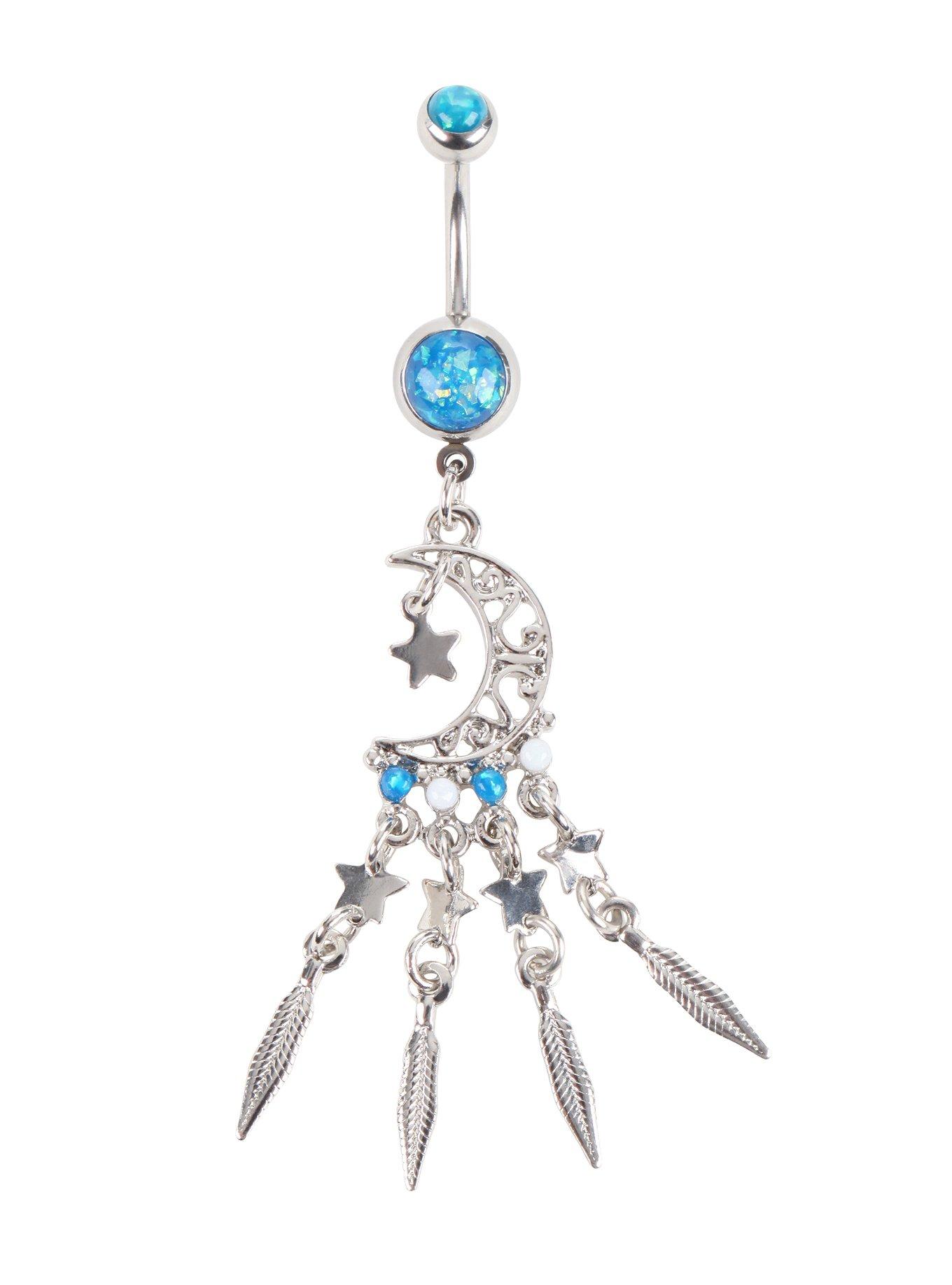 14G Steel Blue Moon Feather Dangle Curved Navel Barbell | Hot Topic