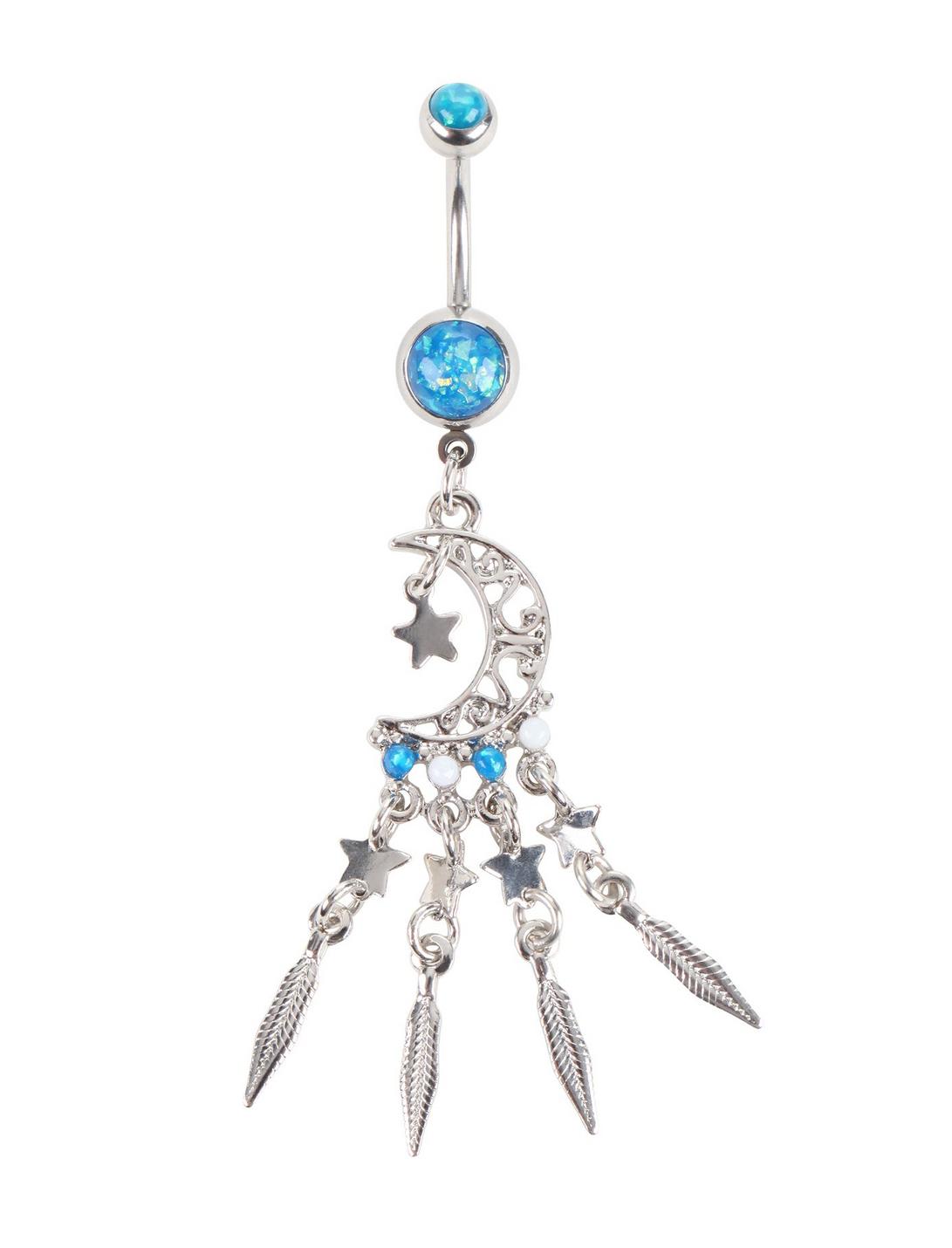 14G Steel Blue Moon Feather Dangle Curved Navel Barbell | Hot Topic