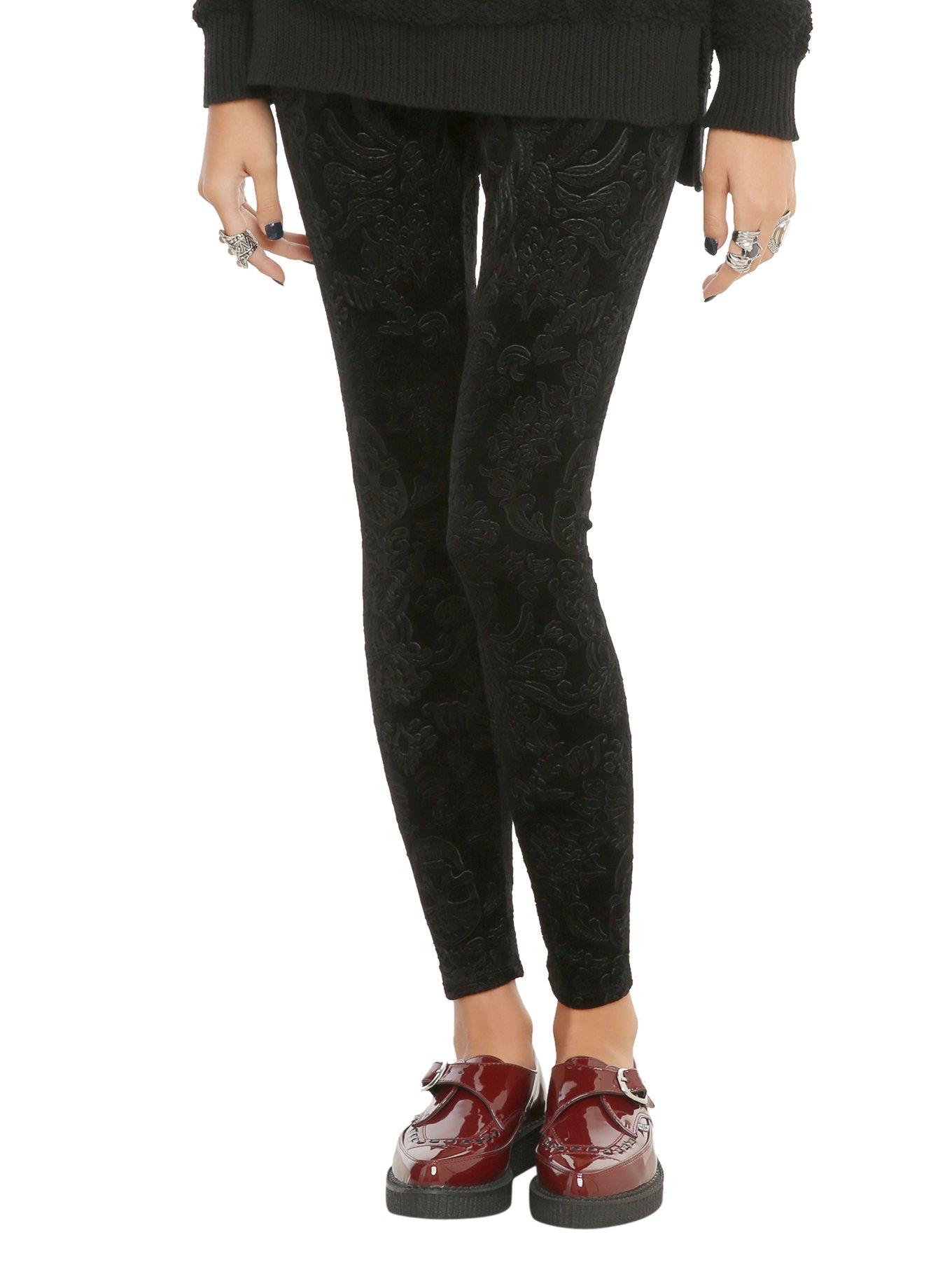 Black Flocked Skull Leggings, BLACK, hi-res