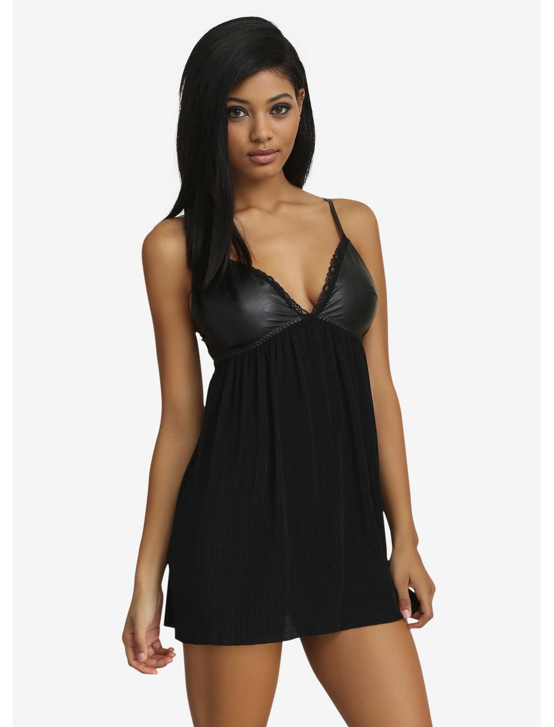 Faux Leather Pleated Babydoll, BLACK, hi-res