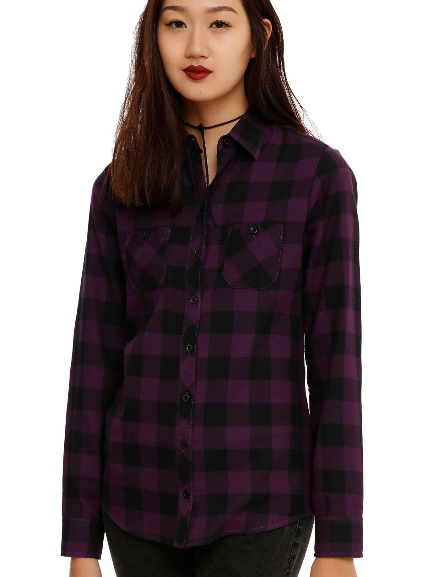 Purple & Black Plaid Spine Back Girls Woven Top, BLACK, hi-res