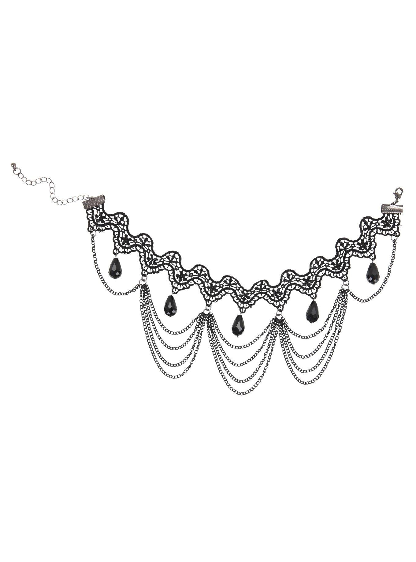 Black Lace Chain Drop Choker, , hi-res