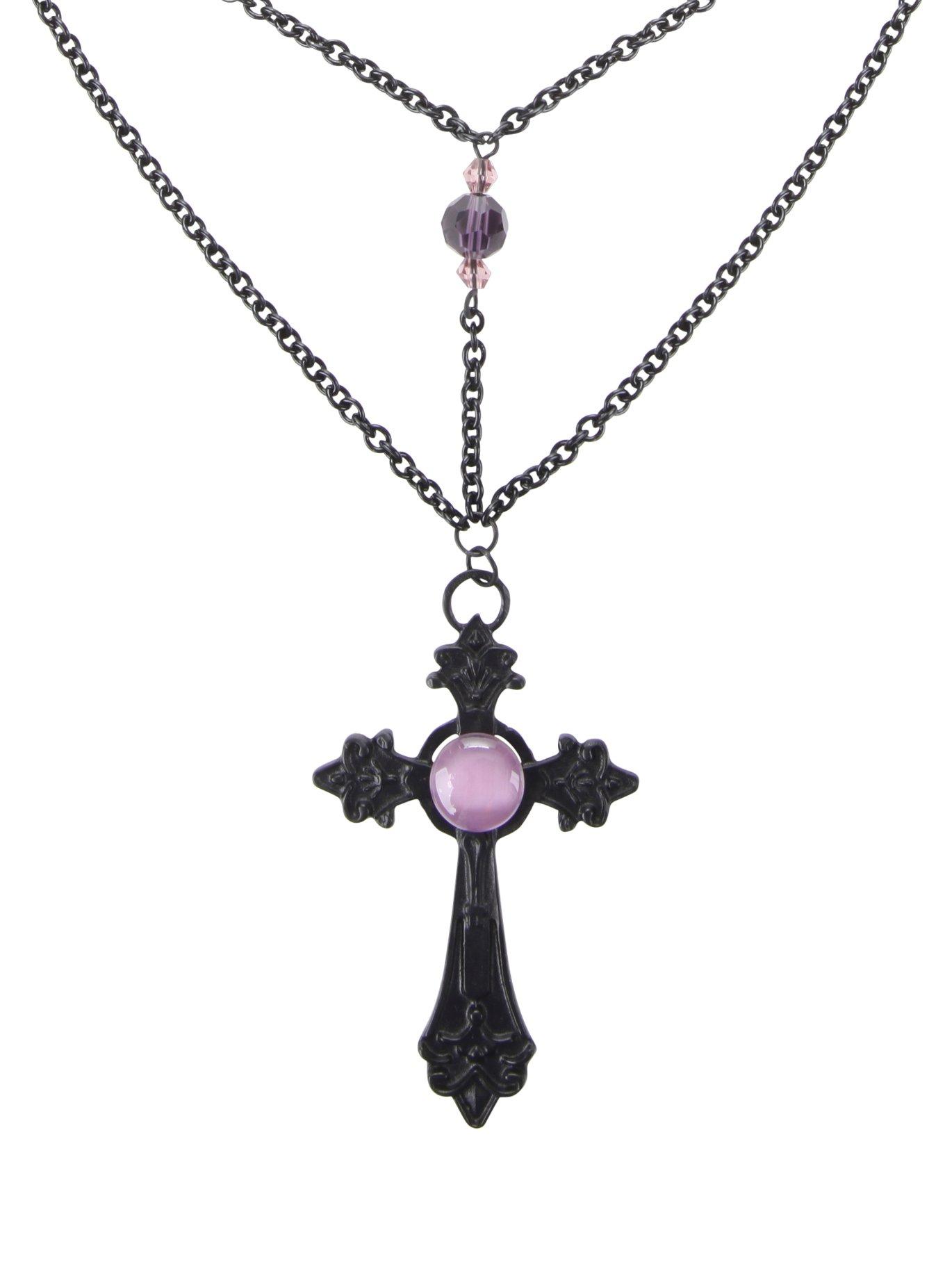 LOVEsick Black Purple Stone Gothic Cross Necklace, , hi-res