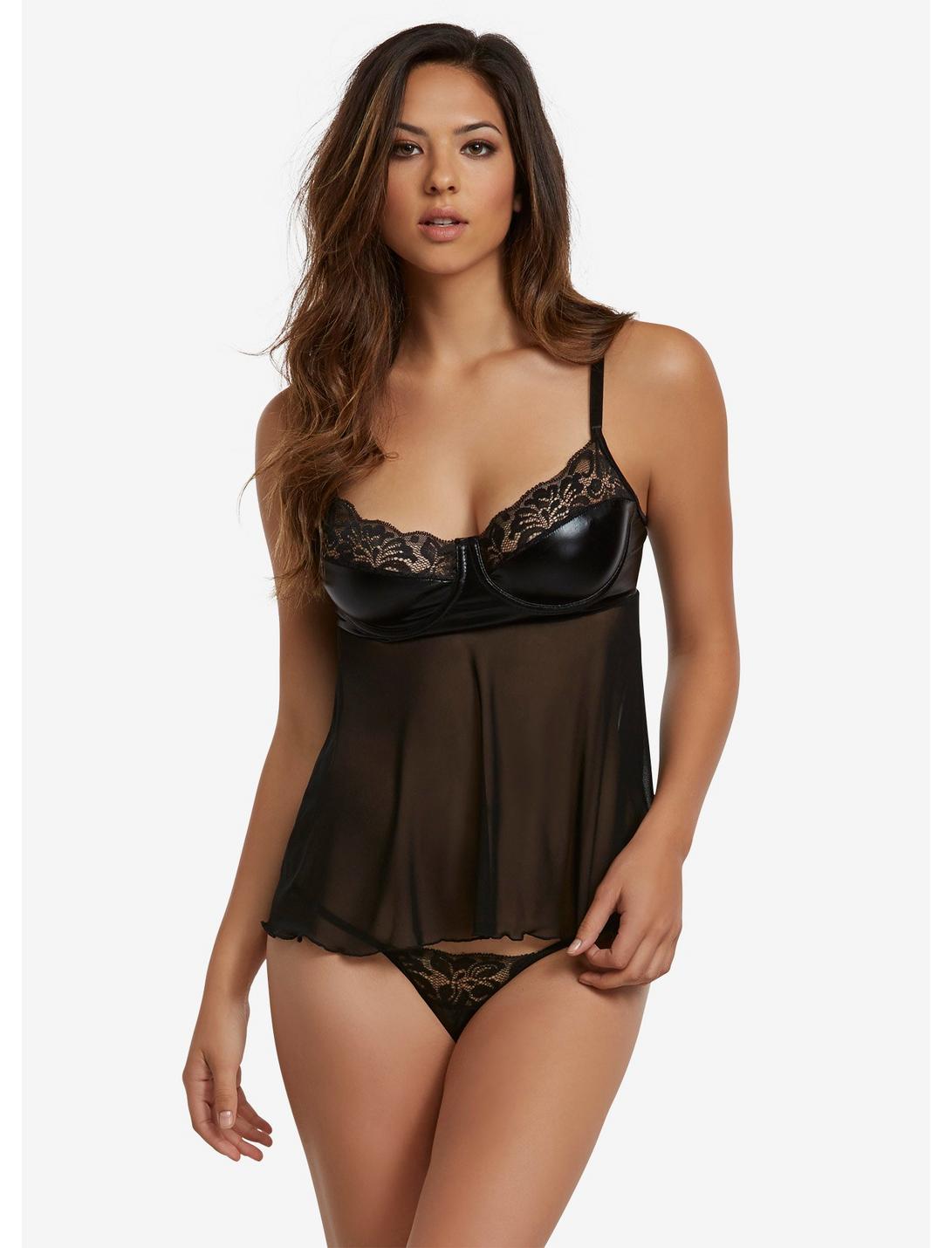 Faux Leather And Mesh Babydoll, BLACK, hi-res