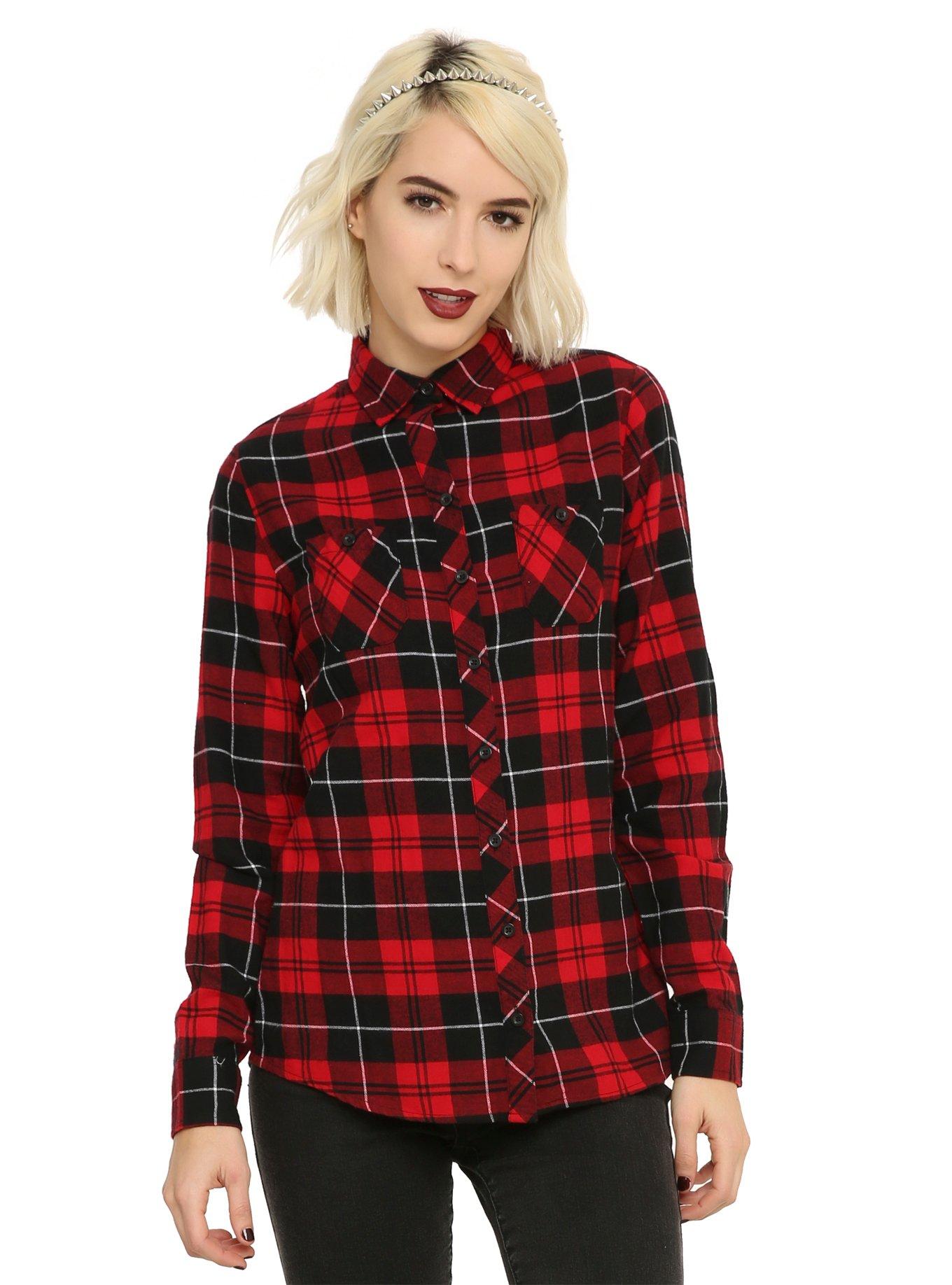 Red Black & White Plaid Woven Button-Up, BLACK, hi-res
