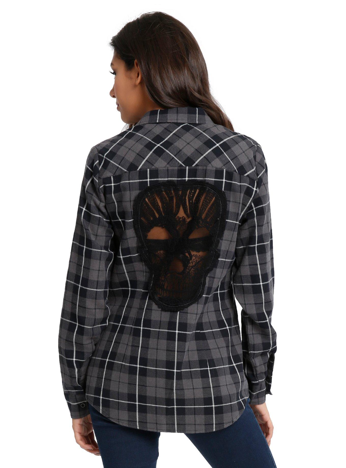 Grey Skull Plaid Girls Woven, BLACK, hi-res