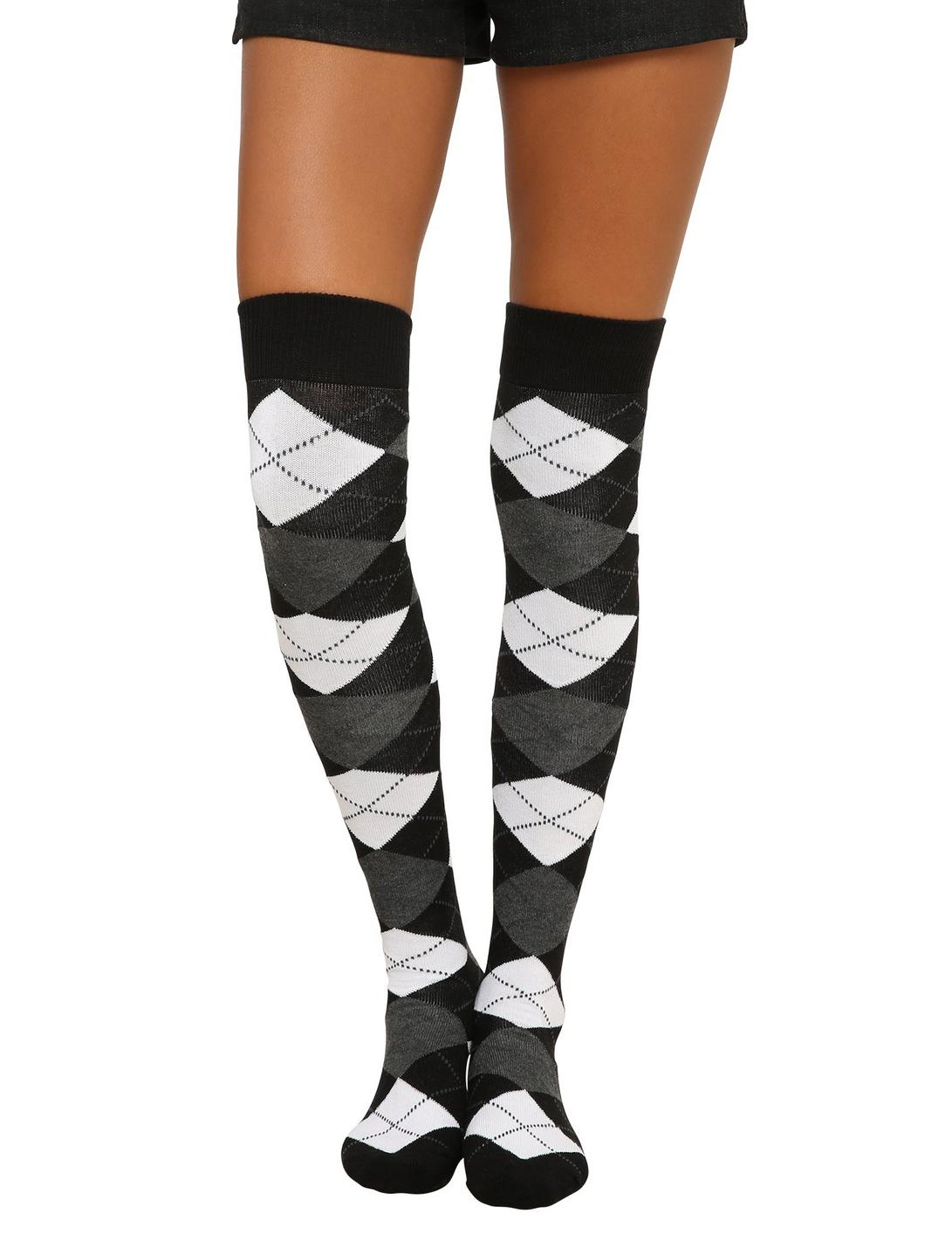 Black Grey & White Argyle Over-The-Knee Socks, , hi-res
