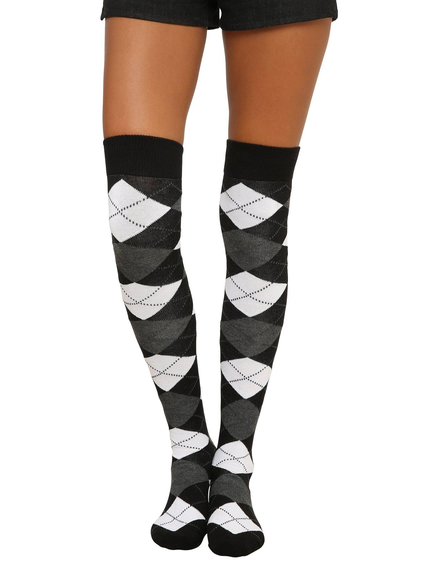 Black Grey & White Argyle Over-The-Knee Socks, , hi-res