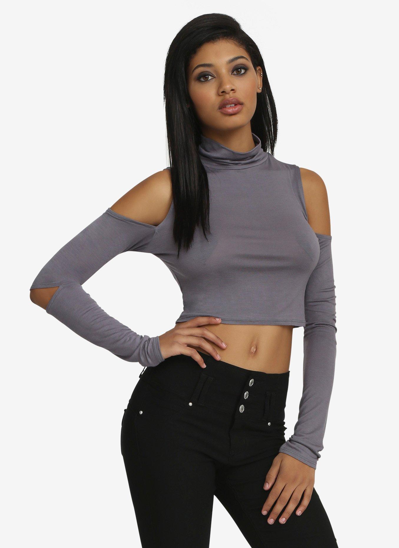 Cold Shoulder Elbow Cut-Out Top, GREY, hi-res