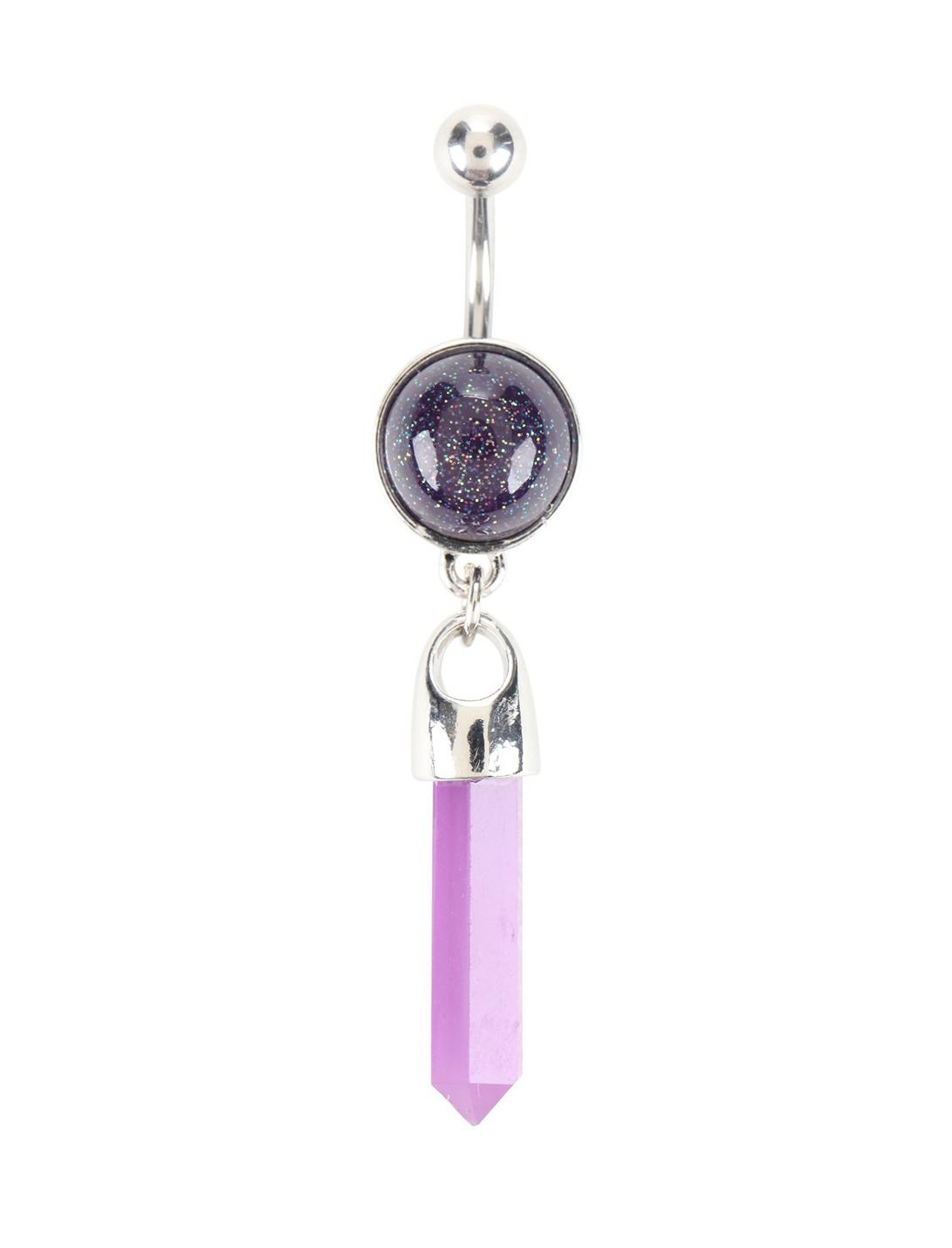 14G Steel Galaxy Purple Crystal Dangle Navel Barbell, , hi-res