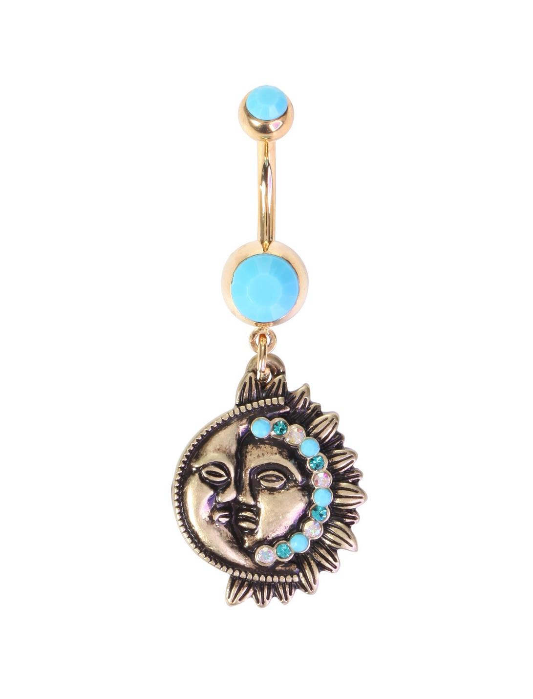 14G Gold Turquoise Moon & Sun Curved Navel Barbell, , hi-res