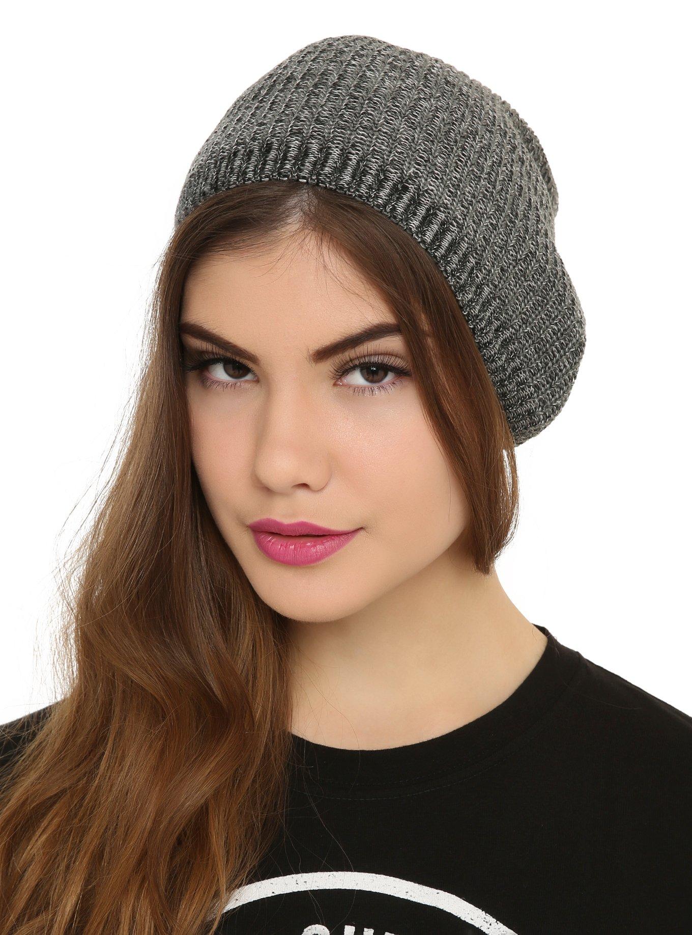 Grey Marled Knit Beret Beanie, , hi-res