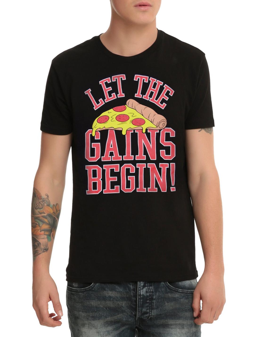 Let The Gains Begin Pizza T-Shirt, BLACK, hi-res