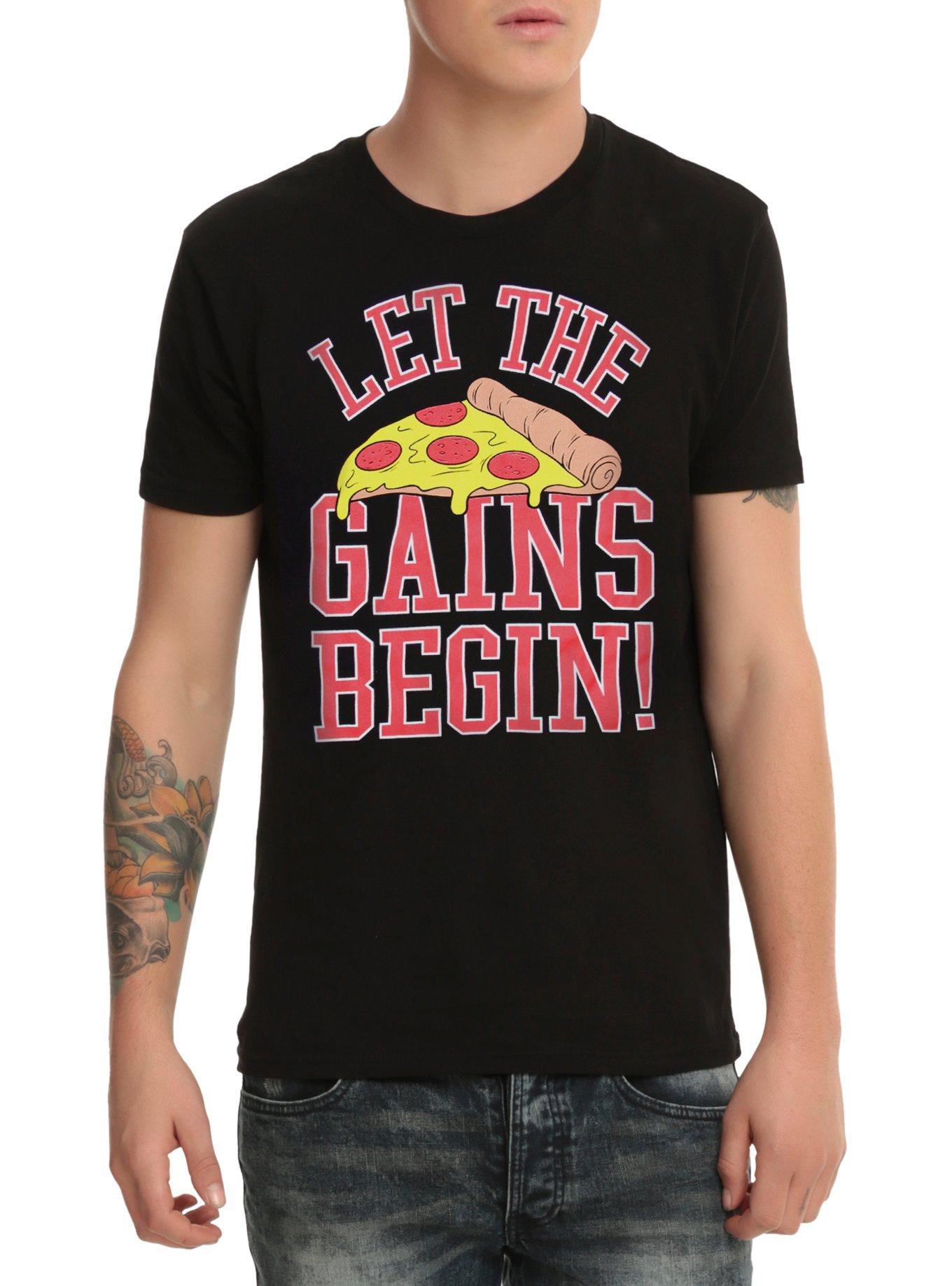 Let The Gains Begin Pizza T-Shirt, BLACK, hi-res