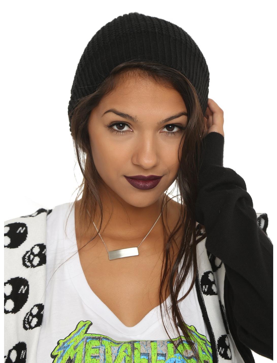 Black Waffle-Knit Slouch Beanie, , hi-res