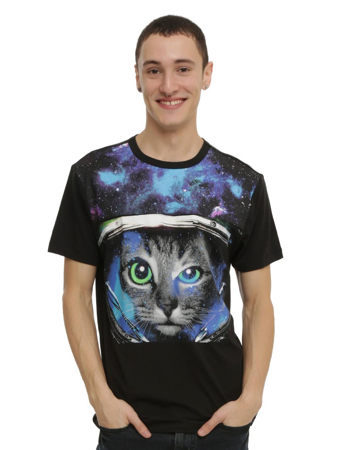 Astronaut Cat Space T-Shirt, BLACK, hi-res