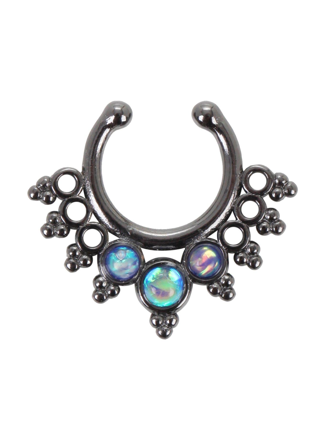 LOVEsick Hematite CZ Opal Drop Faux Septum Ring, , hi-res