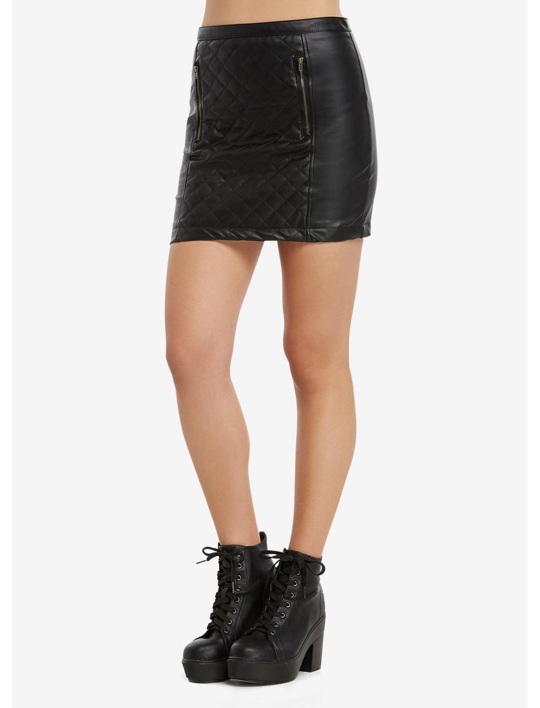 Faux Leather Quilted Zipper Skirt, BLACK, hi-res