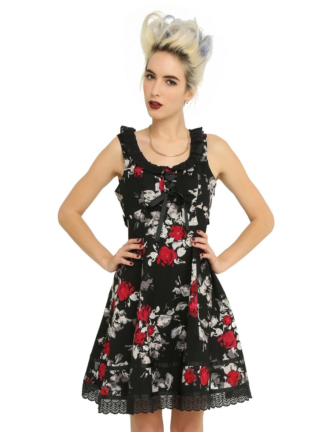 Black & Red Floral Ruffle Dress, BLACK, hi-res