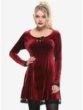 Burgundy Velvet Lace-Up Lace Trim Dress, BURGUNDY, hi-res